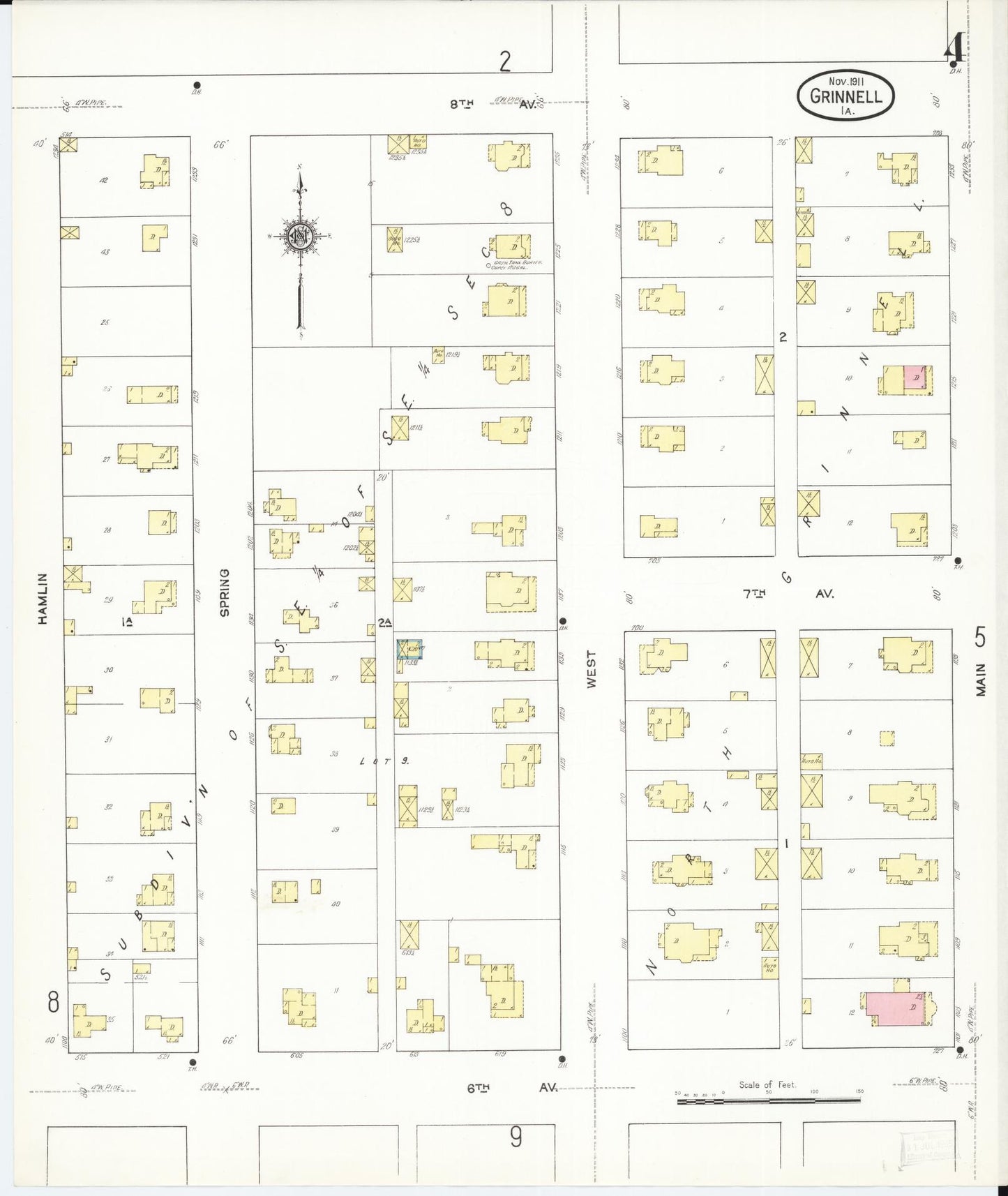 Sanborn Fire Insurance Map from Grinnell, Poweshiek County, Iowa (1911), Sheet #0004 - Historic Sanborn Fire Insurance Map Print, vintage old map wall art