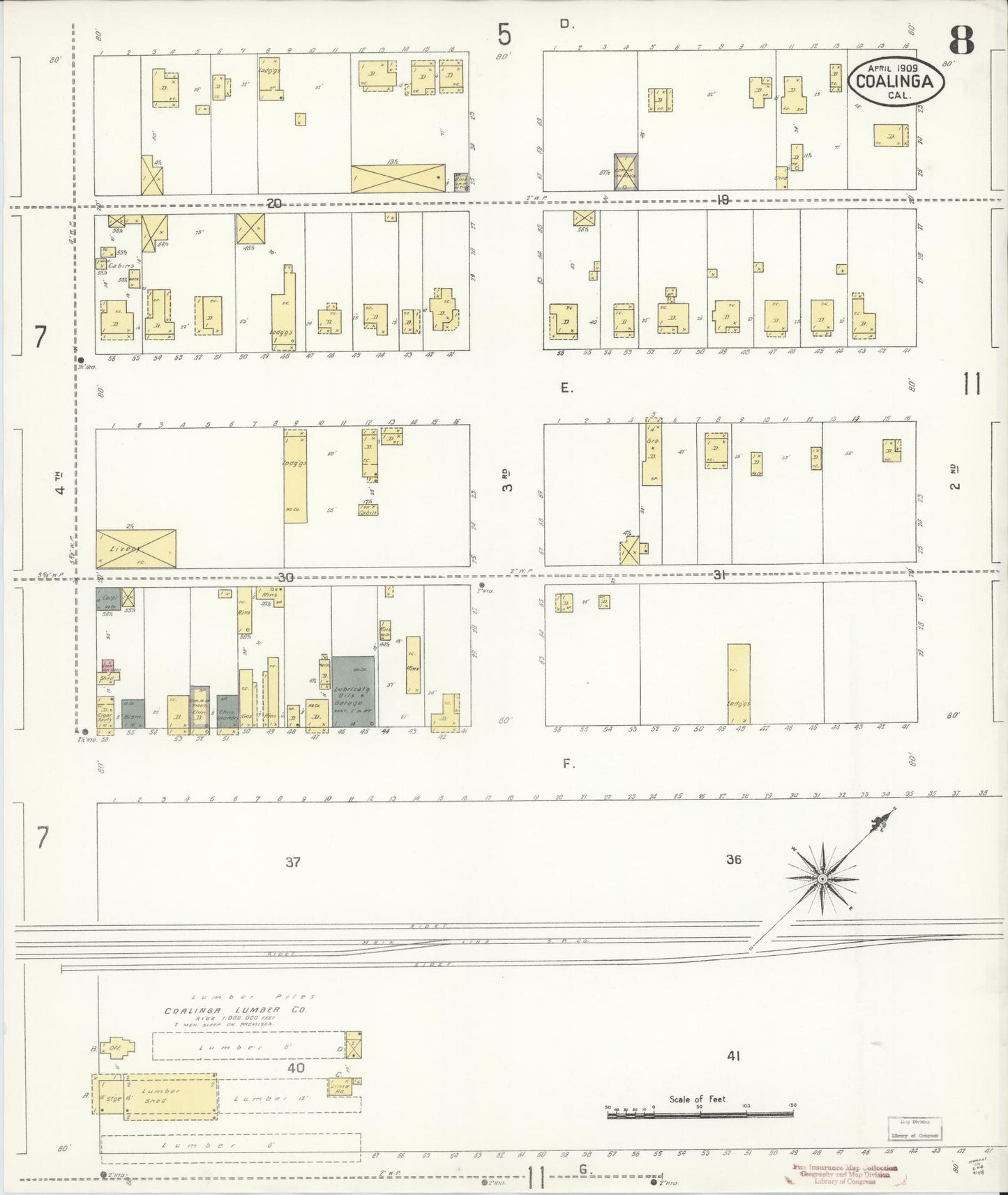 Sanborn Fire Insurance Map from Coalinga, Fresno County, California (1909), Sheet #0008 - Historic Sanborn Fire Insurance Map Print, vintage old map wall art, antique decor, genealogy gift, California California map