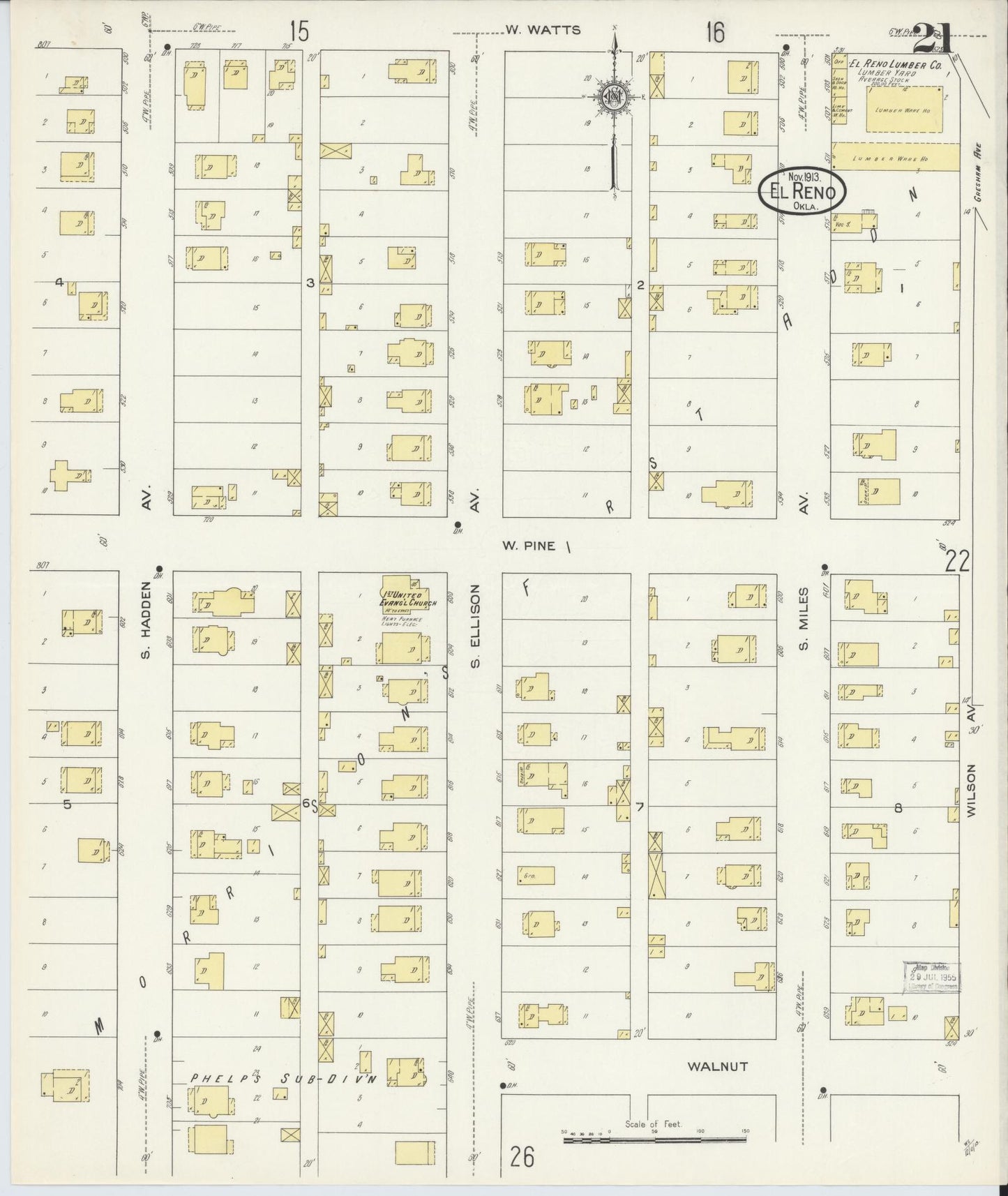 Sanborn Fire Insurance Map from El Reno, Canadian County, Oklahoma (1913), Sheet #0021 - Historic Sanborn Fire Insurance Map Print, vintage old map wall art, antique decor, genealogy gift, Oklahoma Oklahoma map