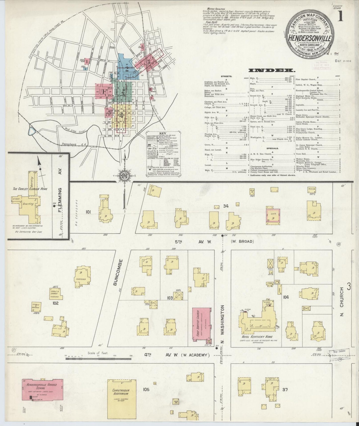 Sanborn Fire Insurance Map from Hendersonville, Henderson County, North Carolina (1912), Sheet #0001 - Historic Sanborn Fire Insurance Map Print, vintage old map wall art, antique decor, genealogy gift, North Carolina North Carolina map