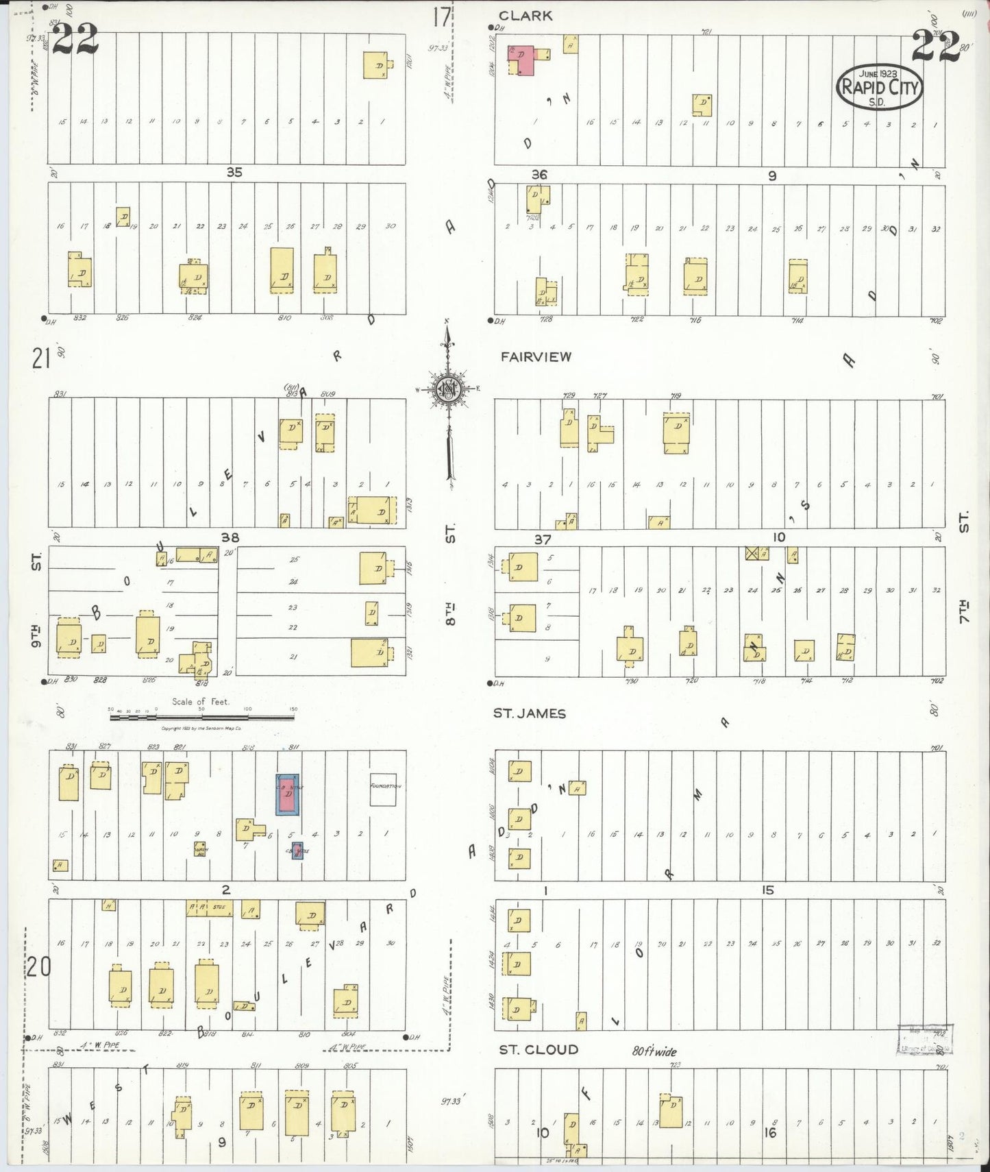 Sanborn Fire Insurance Map from Rapid City, Pennington County, South Dakota (1923), Sheet #0022 - Historic Sanborn Fire Insurance Map Print, vintage old map wall art, antique decor, genealogy gift, South Dakota South Dakota map
