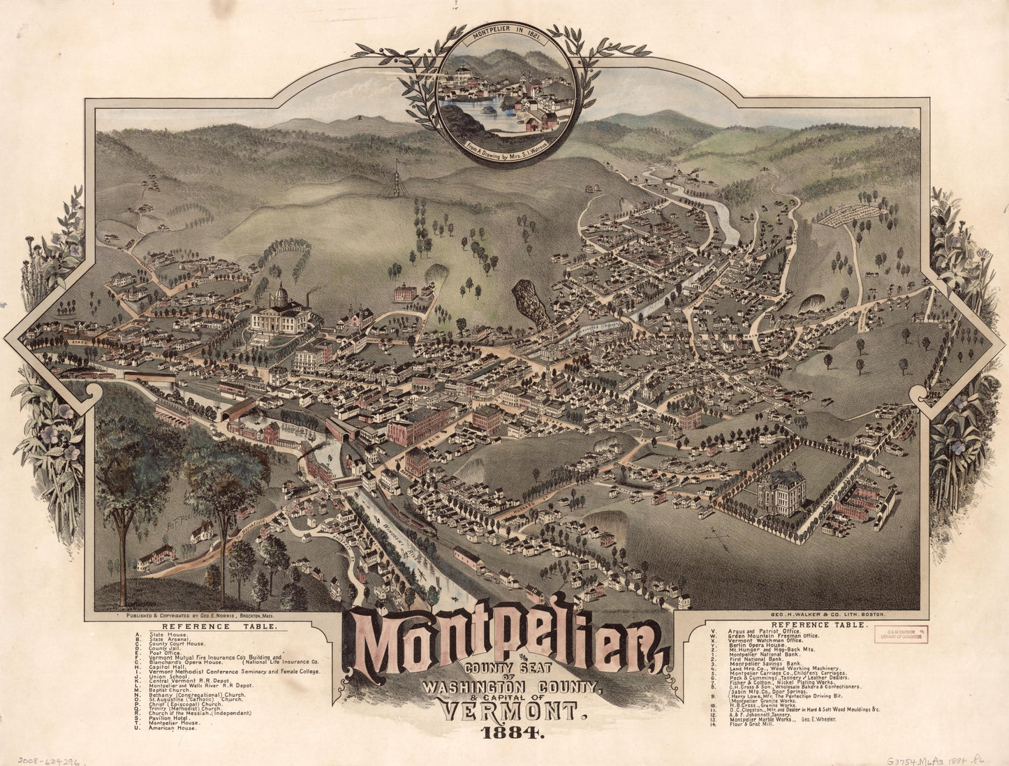 Montpelier, county seat of Washington County & capital of Vermont : 1884 (1884) – Historic Bird’s-Eye View Panorama Print