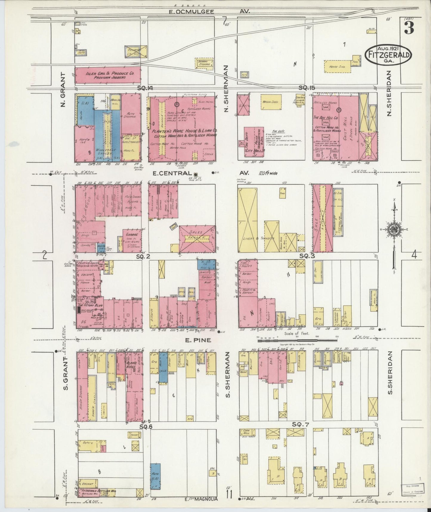 Sanborn Fire Insurance Map from Fitzgerald, Ben Hill County, Georgia (1921), Sheet #0003 - Historic Sanborn Fire Insurance Map Print, vintage old map wall art, antique decor, genealogy gift, Georgia Georgia map