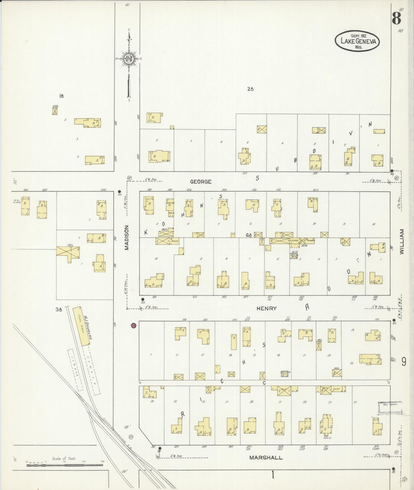 Sanborn Fire Insurance Map from Lake Geneva, Walworth County, Wisconsin (1912), Sheet #0008 - Historic Sanborn Fire Insurance Map Print, vintage old map wall art, antique decor, genealogy gift, Wisconsin Wisconsin map