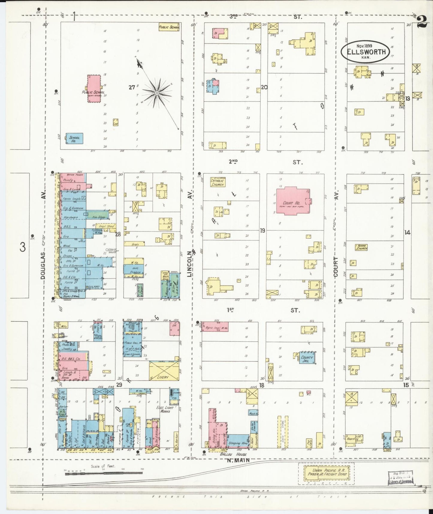 Sanborn Fire Insurance Map from Ellsworth, Ellsworth County, Kansas (1899), Sheet #0002 - Historic Sanborn Fire Insurance Map Print, vintage old map wall art, antique decor, genealogy gift, Kansas Kansas map