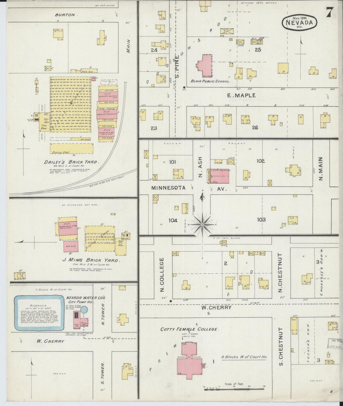 Sanborn Fire Insurance Map from Nevada, Vernon County, Missouri (1894), Sheet #0007 - Historic Sanborn Fire Insurance Map Print, vintage old map wall art, antique decor, genealogy gift, Nevada Nevada map