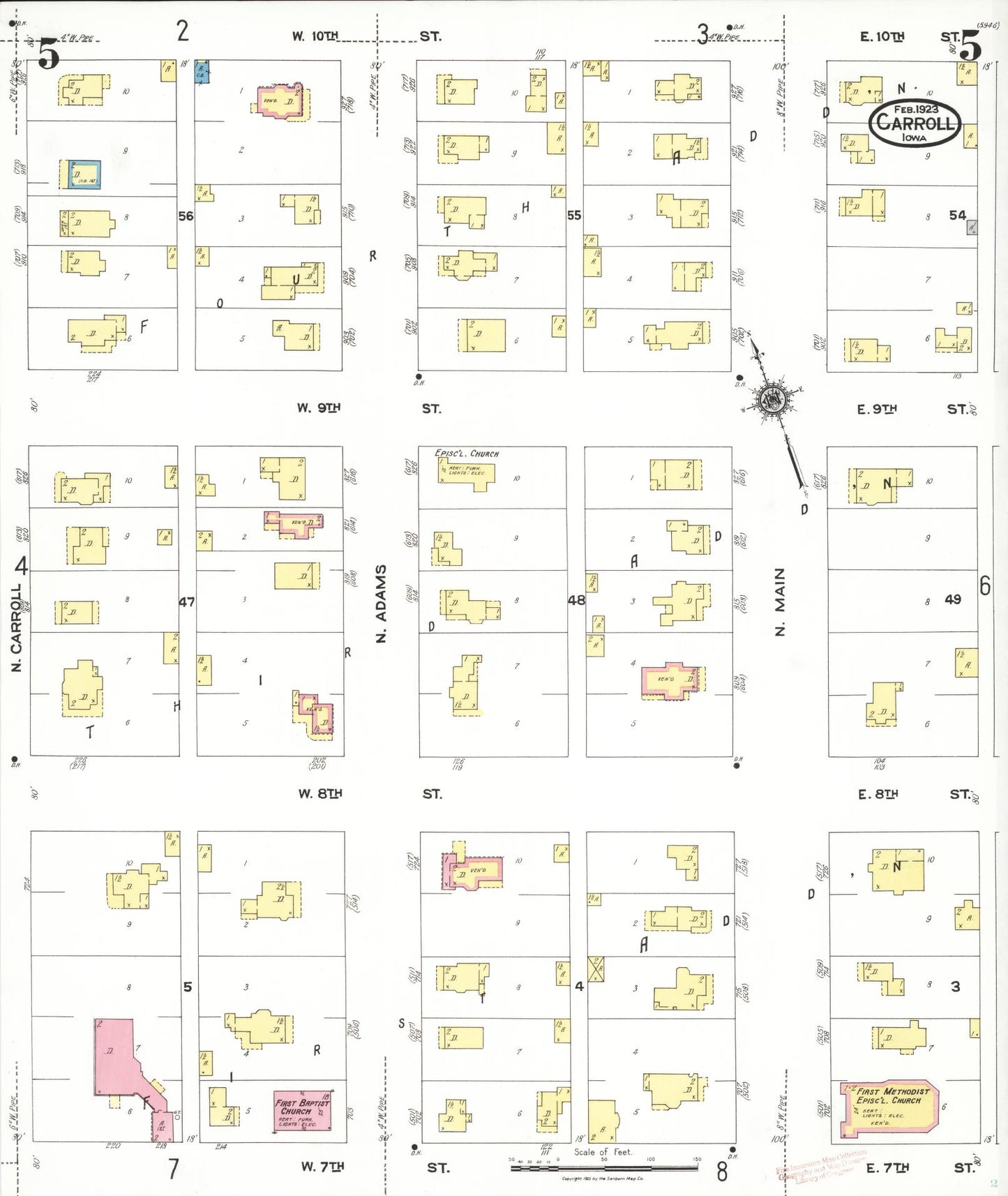 Sanborn Fire Insurance Map from Carroll, Carroll County, Iowa (1923), Sheet #0005 - Historic Sanborn Fire Insurance Map Print, vintage old map wall art