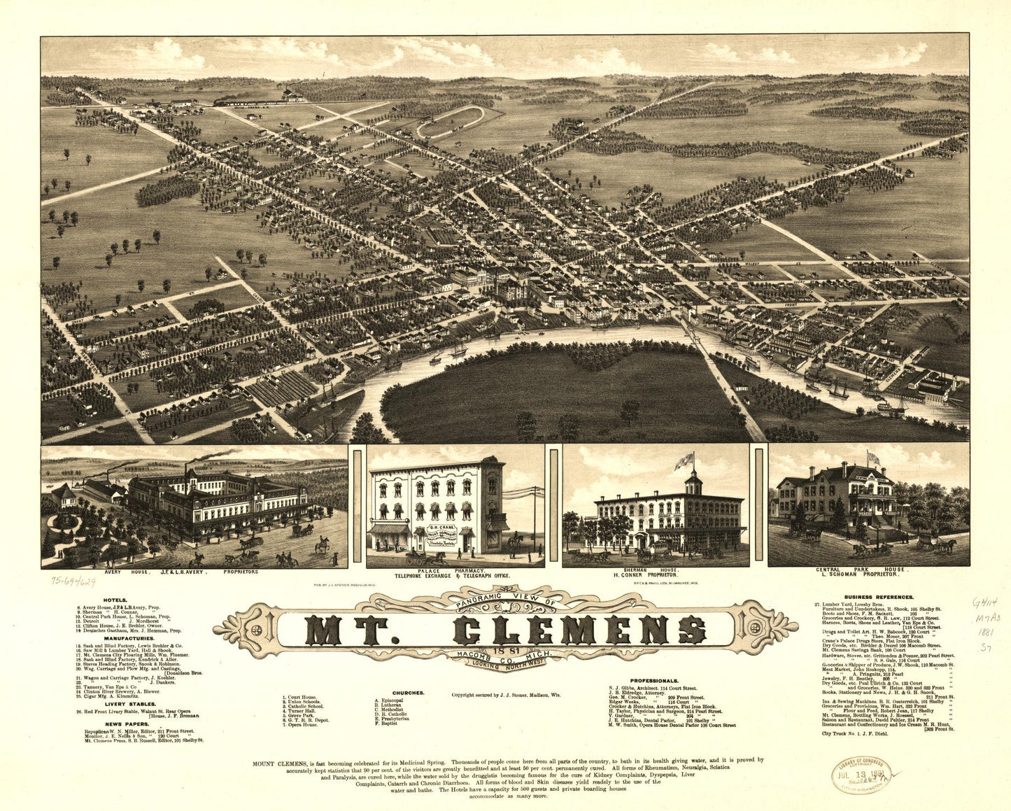 Panoramic view of Mt. Clemens 1881, Macomb Co., Mich. (1881) – Historic Bird’s-Eye View Panorama Print