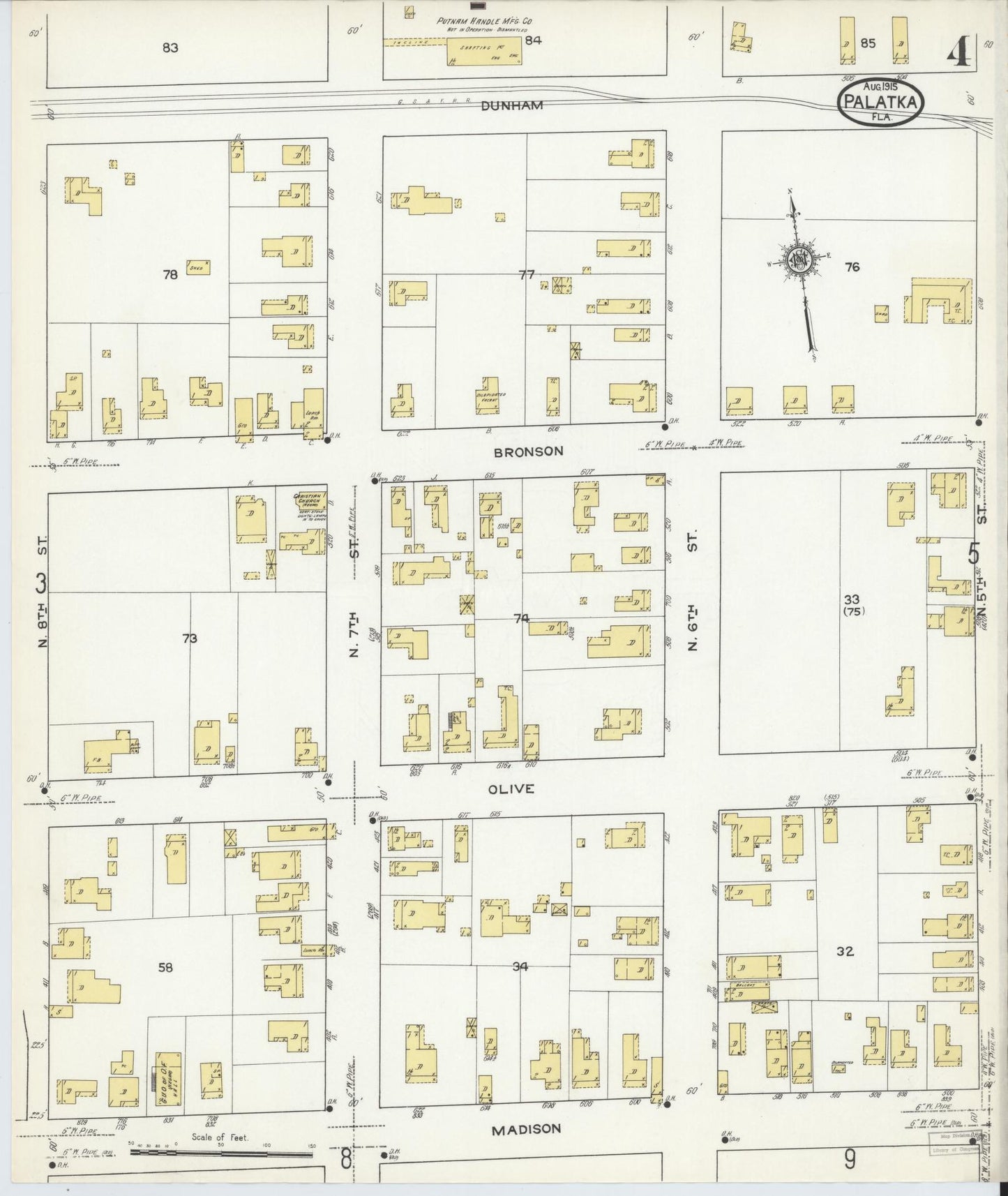 Sanborn Fire Insurance Map from Palatka, Putnam County, Florida (1915), Sheet #0004 - Historic Sanborn Fire Insurance Map Print, vintage old map wall art, antique decor, genealogy gift, Florida Florida map