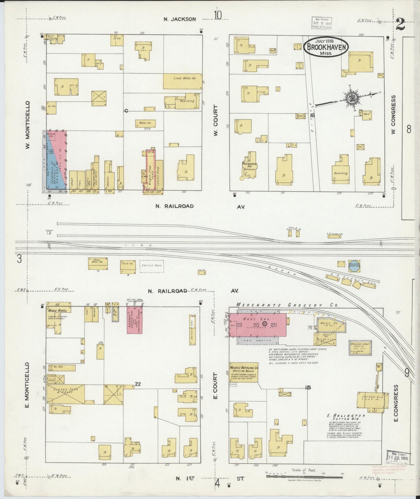 Sanborn Fire Insurance Map from Brookhaven, Lincoln County, Mississippi (1918), Sheet #0002 - Historic Sanborn Fire Insurance Map Print, vintage old map wall art, antique decor, genealogy gift, Mississippi Mississippi map