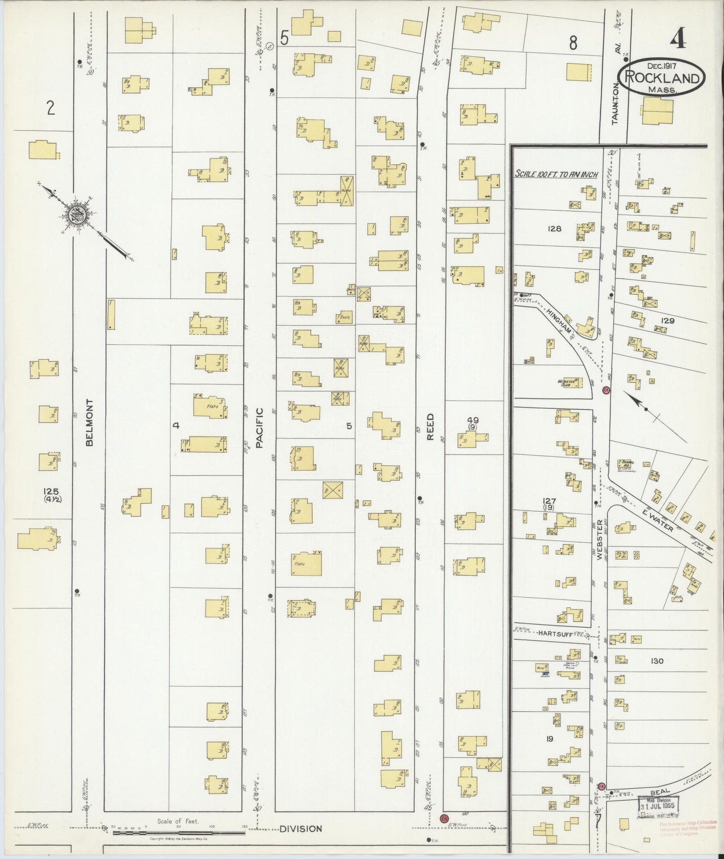 Sanborn Fire Insurance Map from Rockland, Plymouth County, Massachusetts (1917), Sheet #0004 - Historic Sanborn Fire Insurance Map Print, vintage old map wall art, antique decor, genealogy gift, Massachusetts Massachusetts map