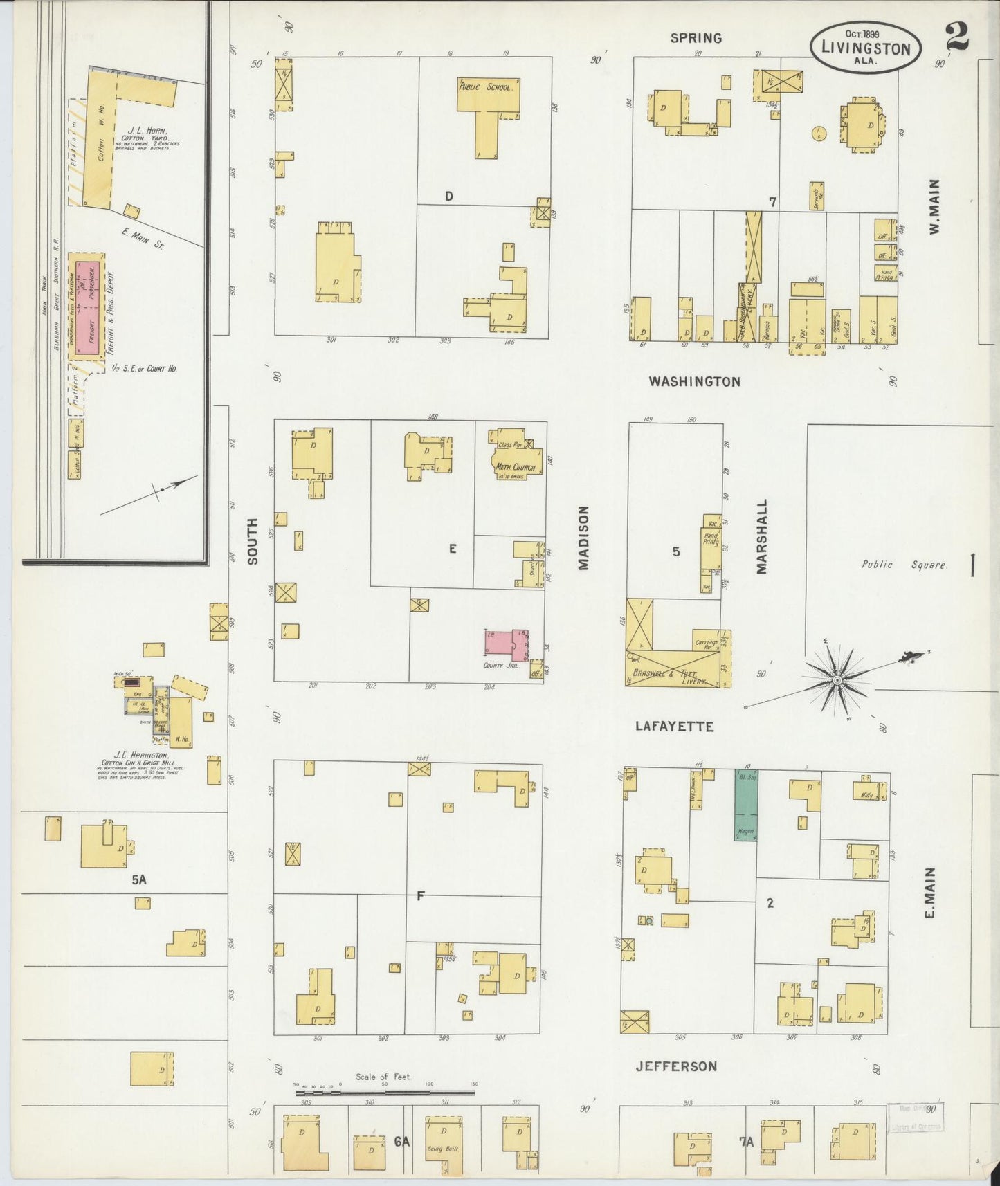 Sanborn Fire Insurance Map from Livingston, Sumter County, Alabama (1899), Sheet #0002 - Historic Sanborn Fire Insurance Map Print, vintage old map wall art, antique decor, genealogy gift, Alabama Alabama map