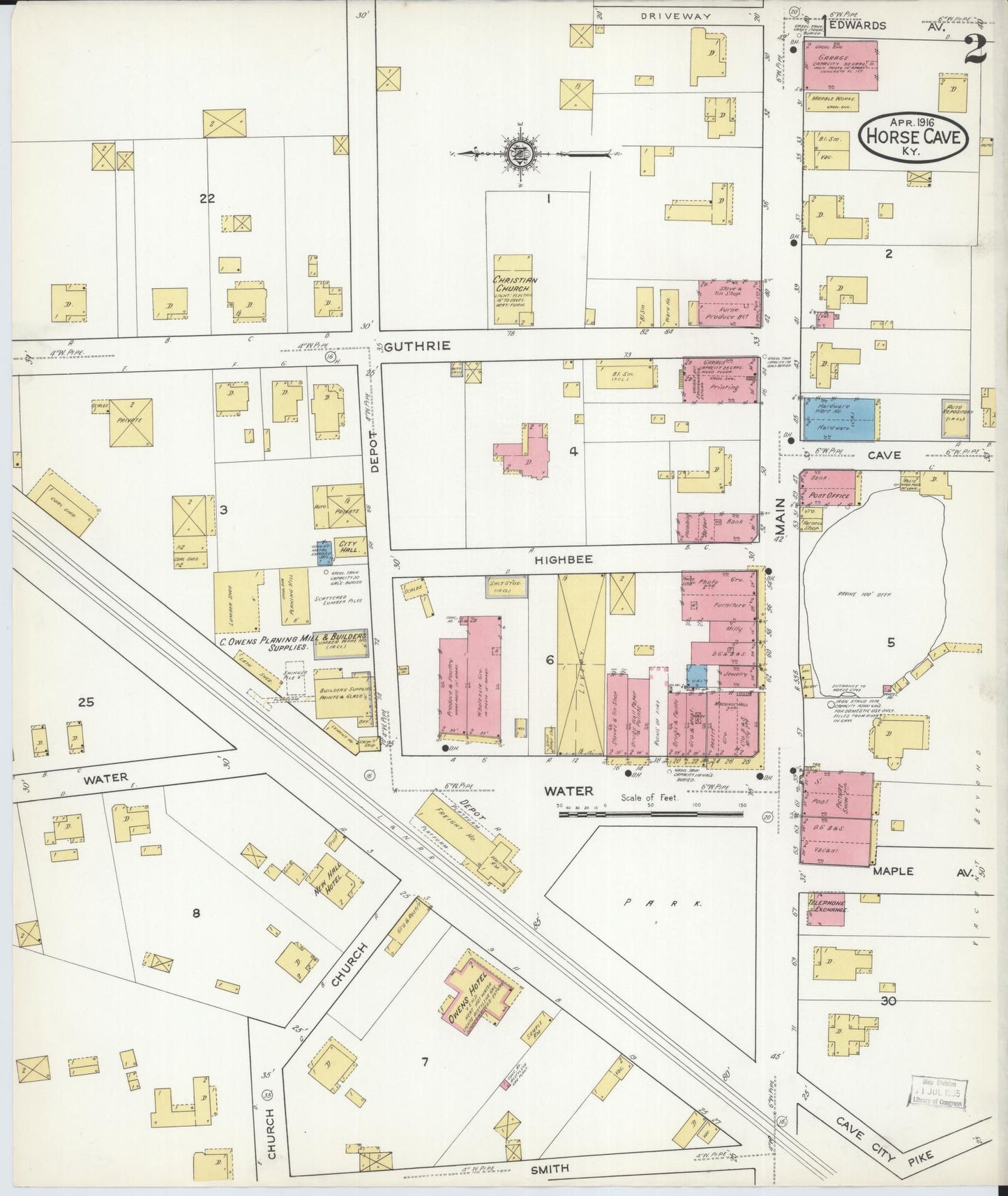 Sanborn Fire Insurance Map from Horse Cave, Hart County, Kentucky (1916), Sheet #0002 - Historic Sanborn Fire Insurance Map Print, vintage old map wall art, antique decor, genealogy gift, Kentucky Kentucky map