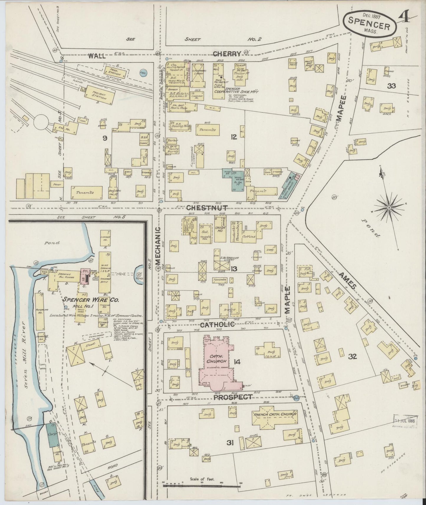 Sanborn Fire Insurance Map from Spencer, Worcester County, Massachusetts (1887), Sheet #0004 - Historic Sanborn Fire Insurance Map Print, vintage old map wall art, antique decor, genealogy gift, Massachusetts Massachusetts map