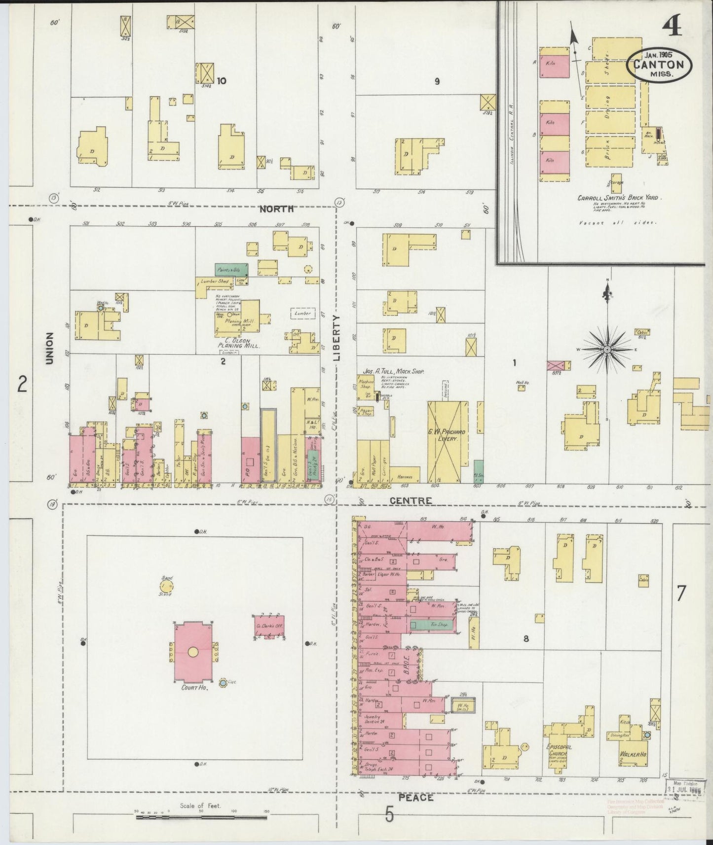 Sanborn Fire Insurance Map from Canton, Madison County, Mississippi (1905), Sheet #0004 - Historic Sanborn Fire Insurance Map Print, vintage old map wall art, antique decor, genealogy gift, Mississippi Mississippi map