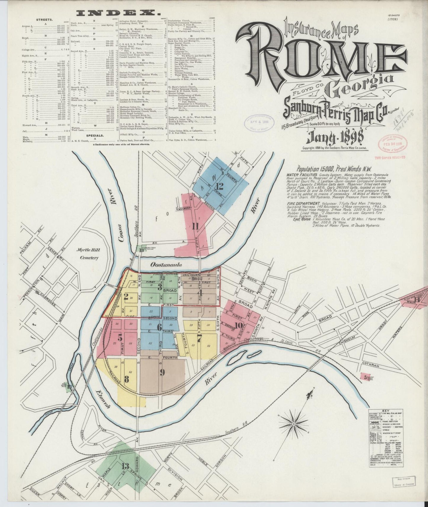 Sanborn Fire Insurance Map from Rome, Floyd County, Georgia (1898), Sheet #0001 - Historic Sanborn Fire Insurance Map Print, vintage old map wall art, antique decor, genealogy gift, Georgia Georgia map