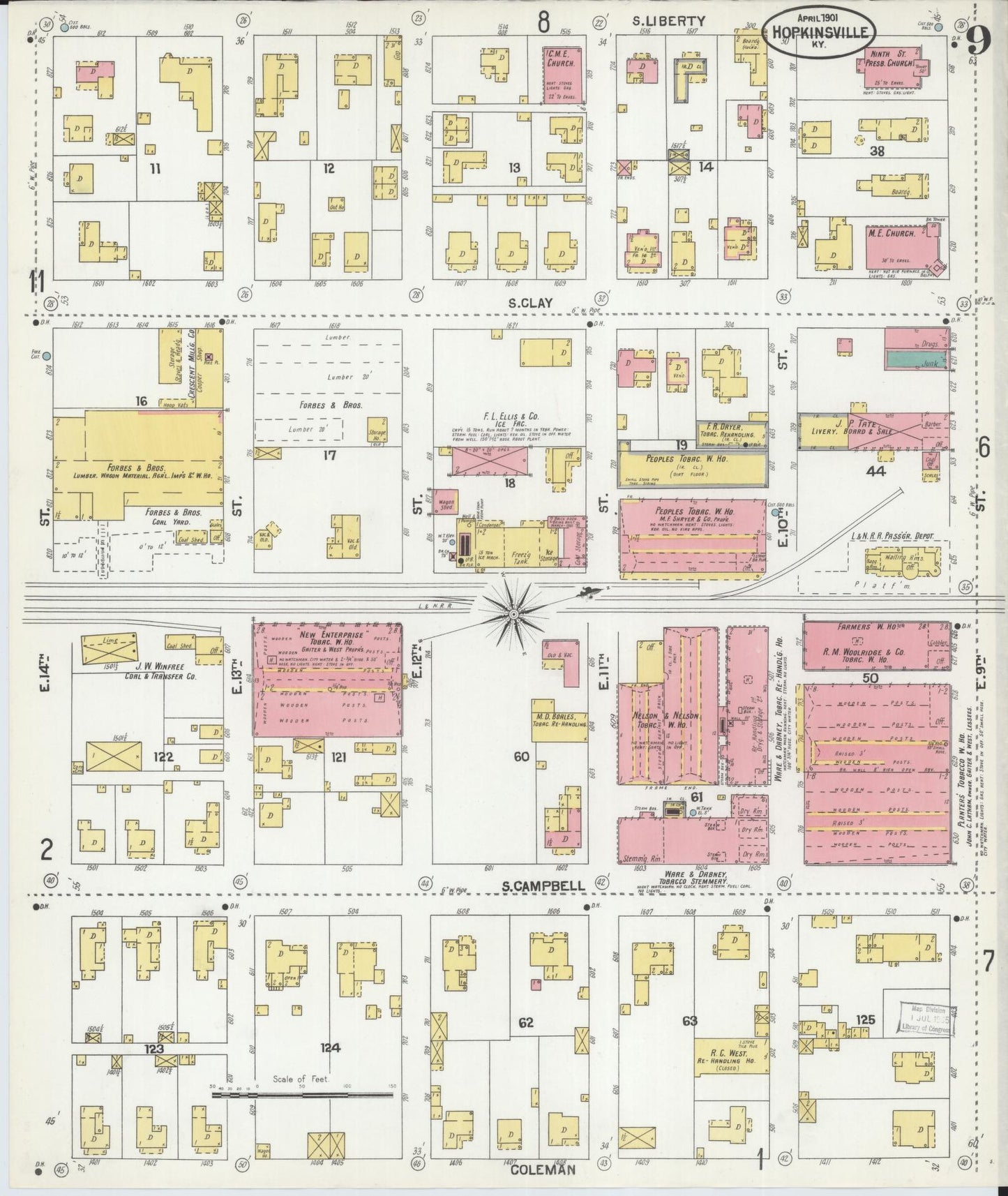 Sanborn Fire Insurance Map from Hopkinsville, Christian County, Kentucky (1901), Sheet #0009 - Historic Sanborn Fire Insurance Map Print, vintage old map wall art, antique decor, genealogy gift, Kentucky Kentucky map