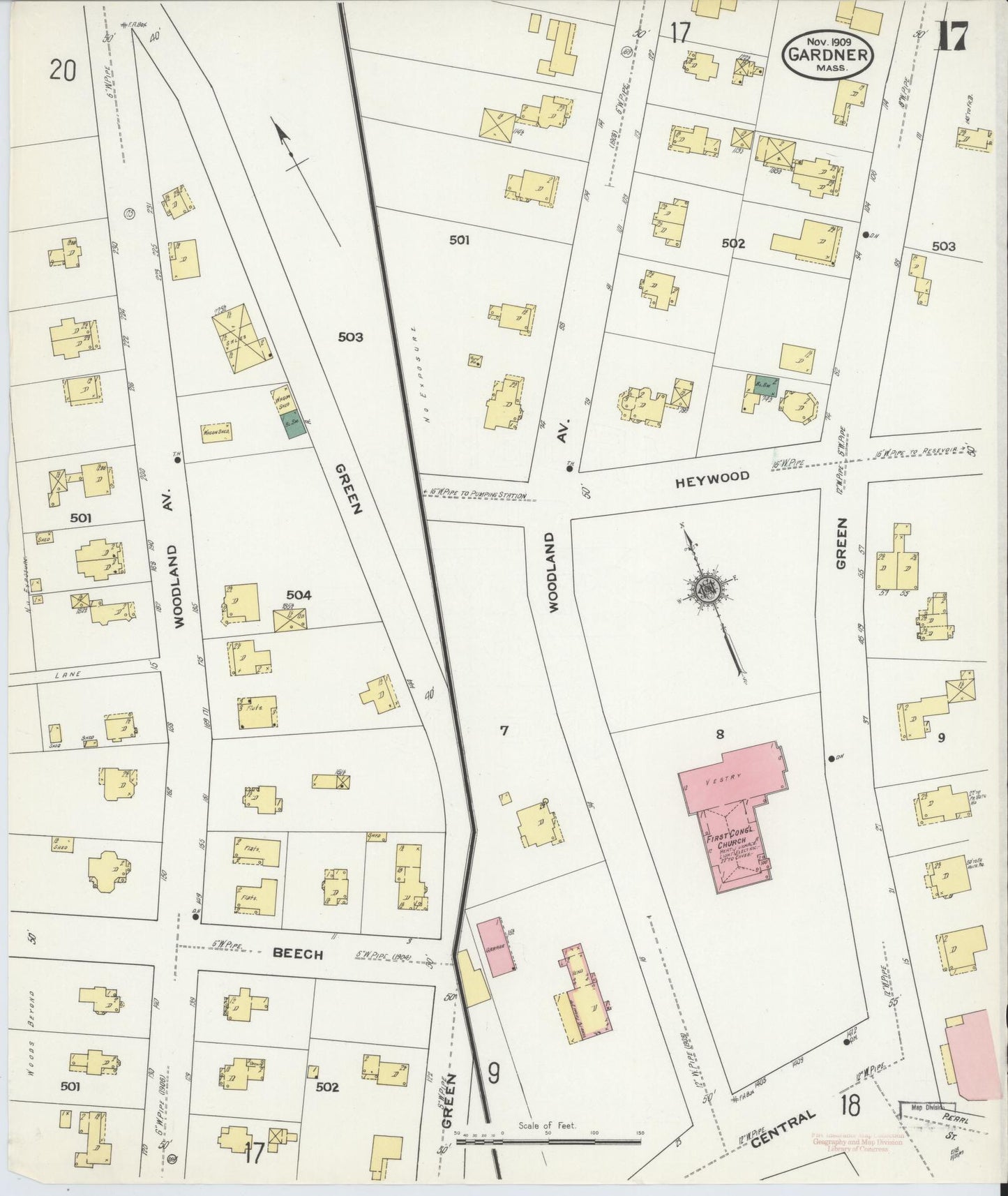 Sanborn Fire Insurance Map from Gardner, Worcester County, Massachusetts (1909), Sheet #0017 - Historic Sanborn Fire Insurance Map Print, vintage old map wall art, antique decor, genealogy gift, Massachusetts Massachusetts map