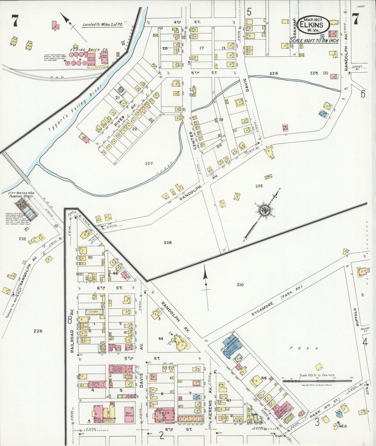 Sanborn Fire Insurance Map from Elkins, Randolph County, West Virginia (1923), Sheet #0007 - Historic Sanborn Fire Insurance Map Print, vintage old map wall art, antique decor, genealogy gift, West Virginia West Virginia map