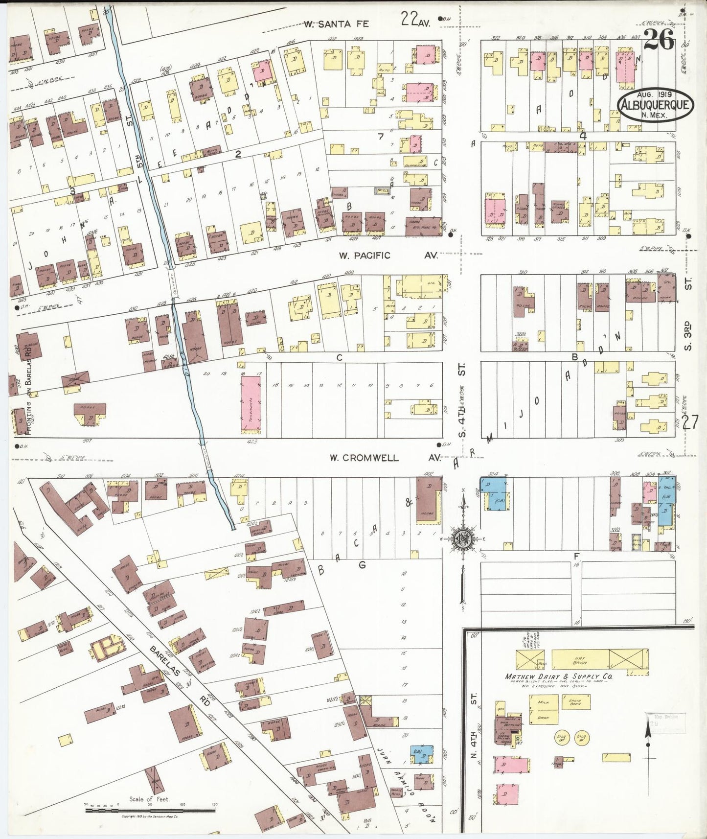 Sanborn Fire Insurance Map from Albuquerque, Bernalillo County, New Mexico (1919), Sheet #0026 - Historic Sanborn Fire Insurance Map Print, vintage old map wall art, antique decor, genealogy gift, New Mexico New Mexico map