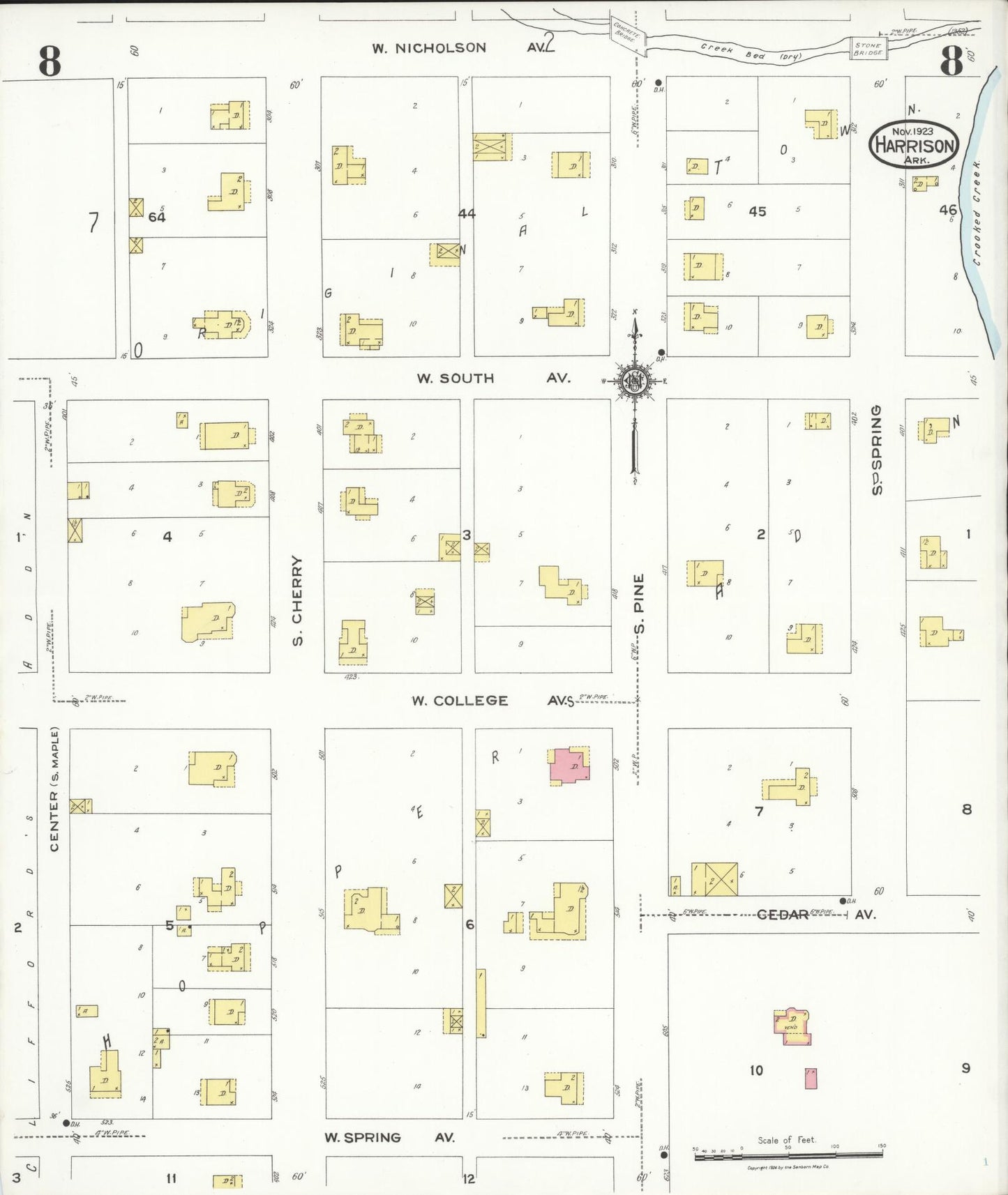 Sanborn Fire Insurance Map from Harrison, Boone County, Arkansas (1923), Sheet #0008 - Historic Sanborn Fire Insurance Map Print, vintage old map wall art, antique decor, genealogy gift, Arkansas Arkansas map