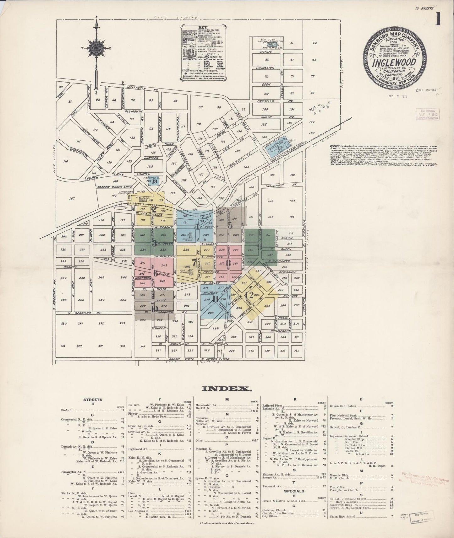 Sanborn Fire Insurance Map from Inglewood, Los Angeles County, California (1912), Sheet #0001 - Historic Sanborn Fire Insurance Map Print, vintage old map wall art, antique decor, genealogy gift, California California map