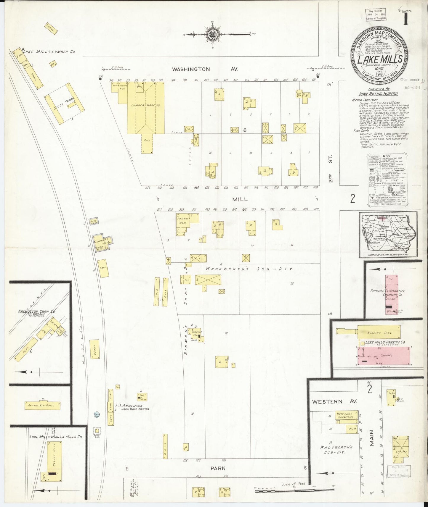 Sanborn Fire Insurance Map from Lake Mills, Winnebago County, Iowa (1916), Sheet #0001 - Historic Sanborn Fire Insurance Map Print, vintage old map wall art