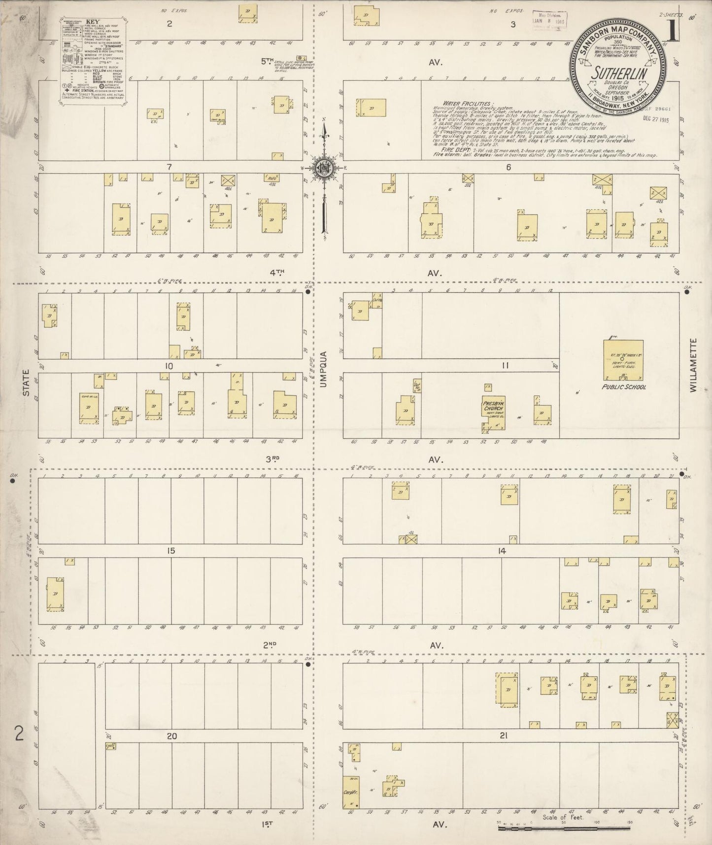 Sanborn Fire Insurance Map from Sutherlin, Douglas County, Oregon (1915), Sheet #0001 - Historic Sanborn Fire Insurance Map Print, vintage old map wall art, antique decor, genealogy gift, Oregon Oregon map