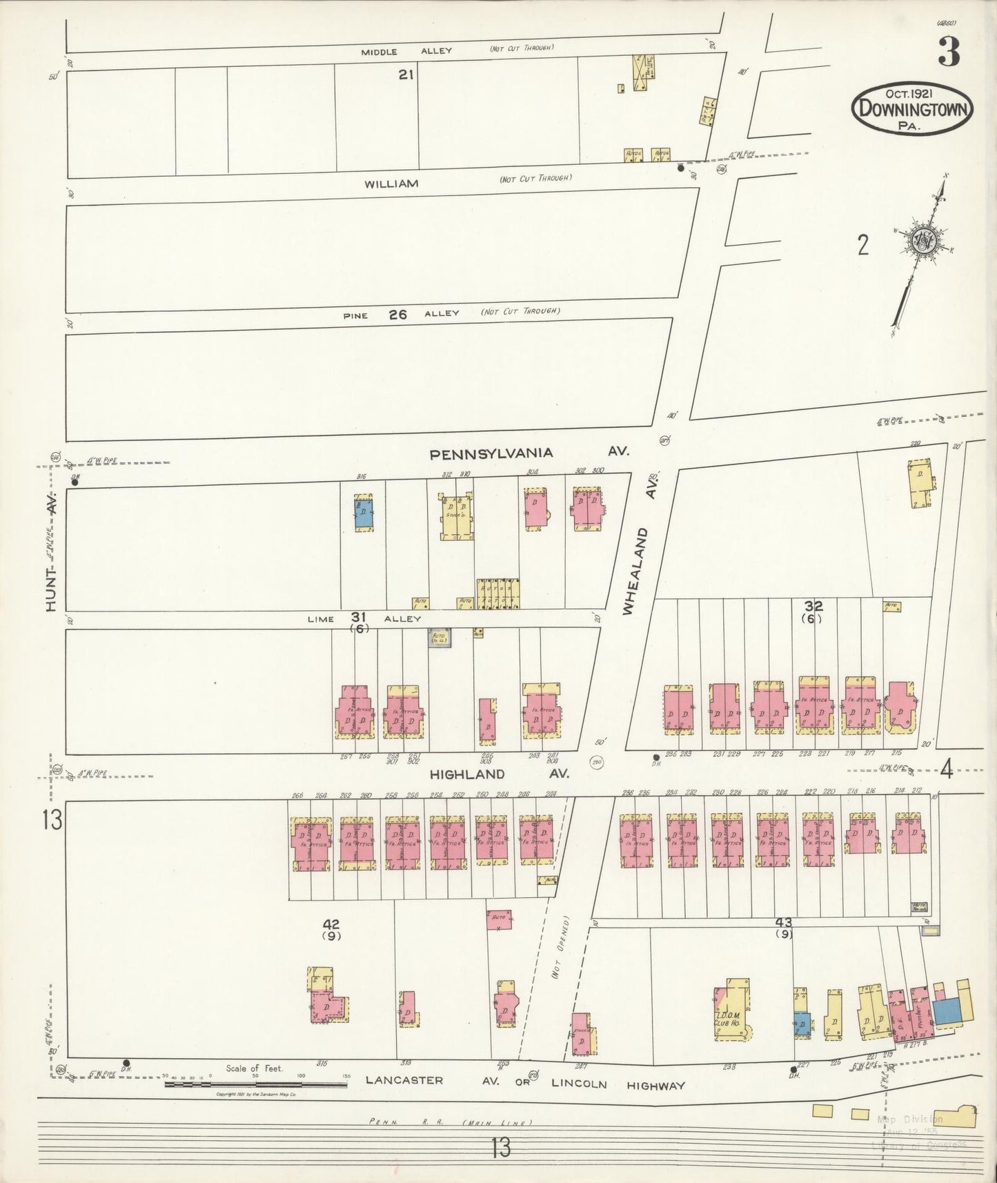 Sanborn Fire Insurance Map from Downingtown, Chester County, Pennsylvania (1921), Sheet #0003 - Historic Sanborn Fire Insurance Map Print, vintage old map wall art, antique decor, genealogy gift, Pennsylvania Pennsylvania map