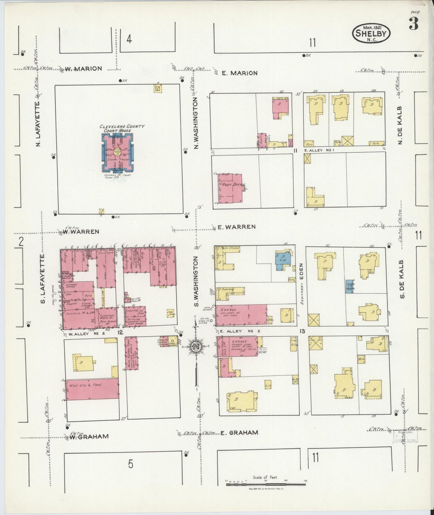 Sanborn Fire Insurance Map from Shelby, Cleveland County, North Carolina (1921), Sheet #0003 - Historic Sanborn Fire Insurance Map Print, vintage old map wall art, antique decor, genealogy gift, North Carolina North Carolina map