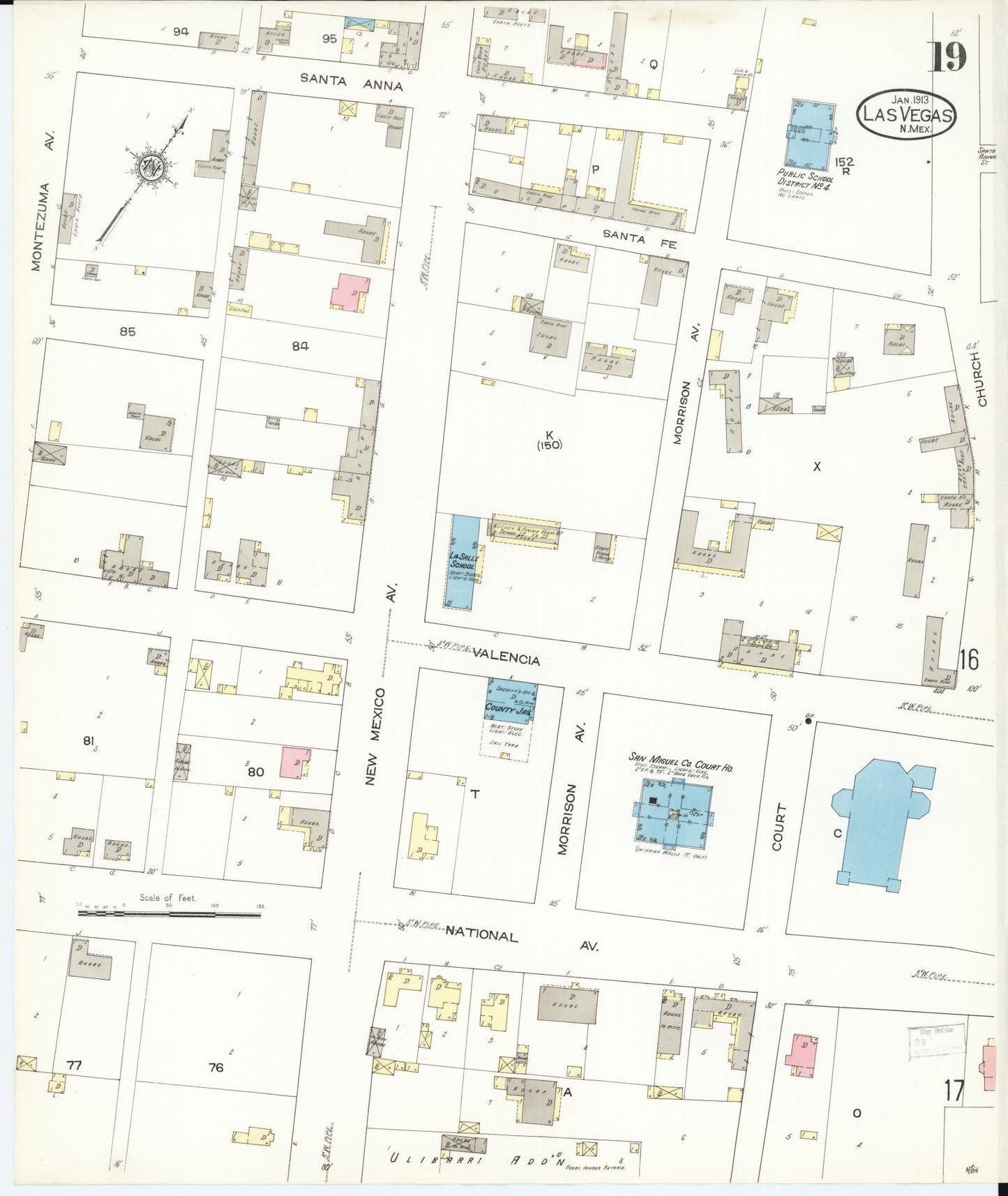 Sanborn Fire Insurance Map from Las Vegas, San Miguel County, New Mexico (1913), Sheet #0019 - Historic Sanborn Fire Insurance Map Print, vintage old map wall art, antique decor, genealogy gift, New Mexico New Mexico map