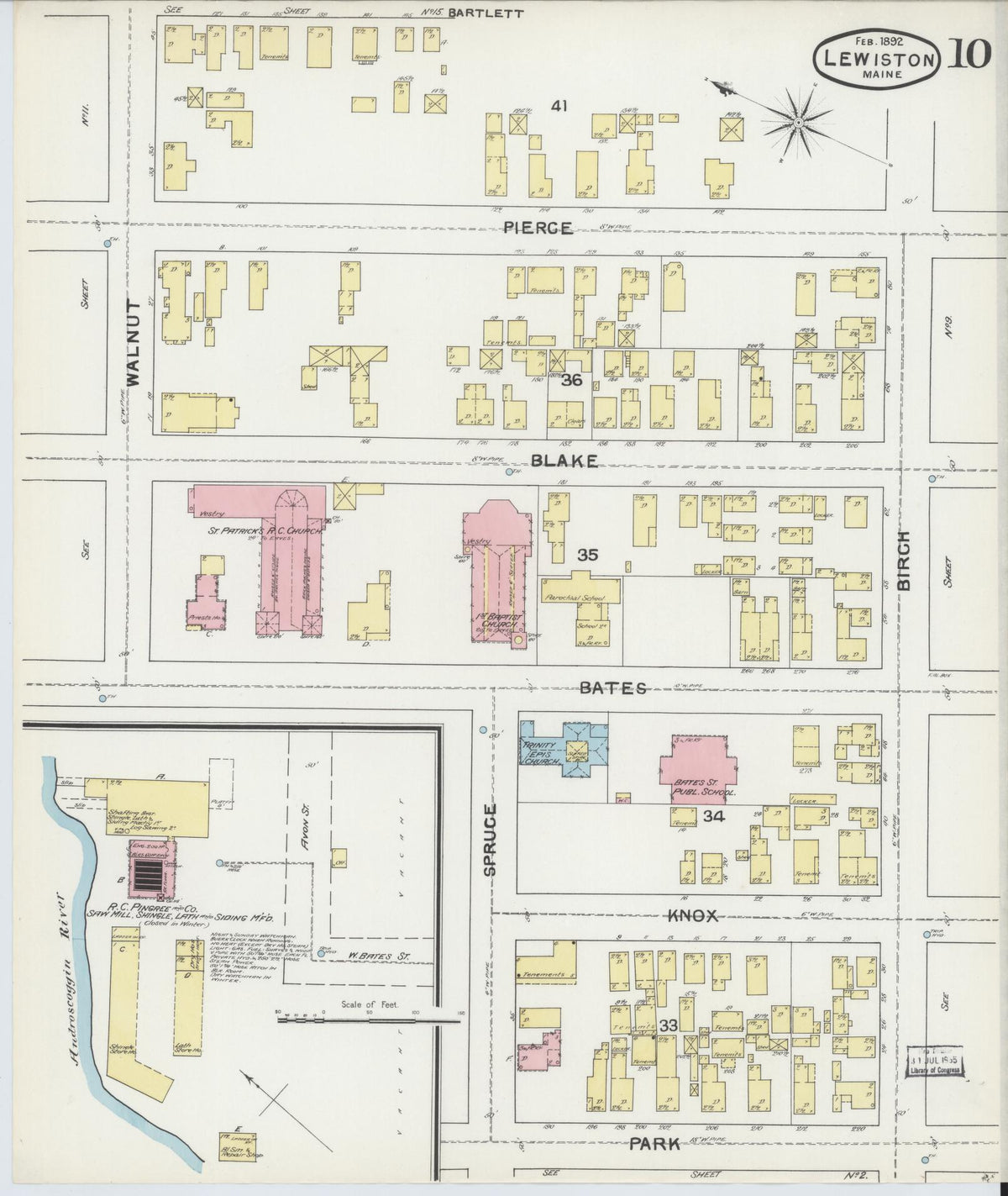 Sanborn Fire Insurance Map from Lewiston, Androscoggin County, Maine (1892), Sheet #0010 - Historic Sanborn Fire Insurance Map Print, vintage old map wall art, antique decor, genealogy gift, Maine Maine map