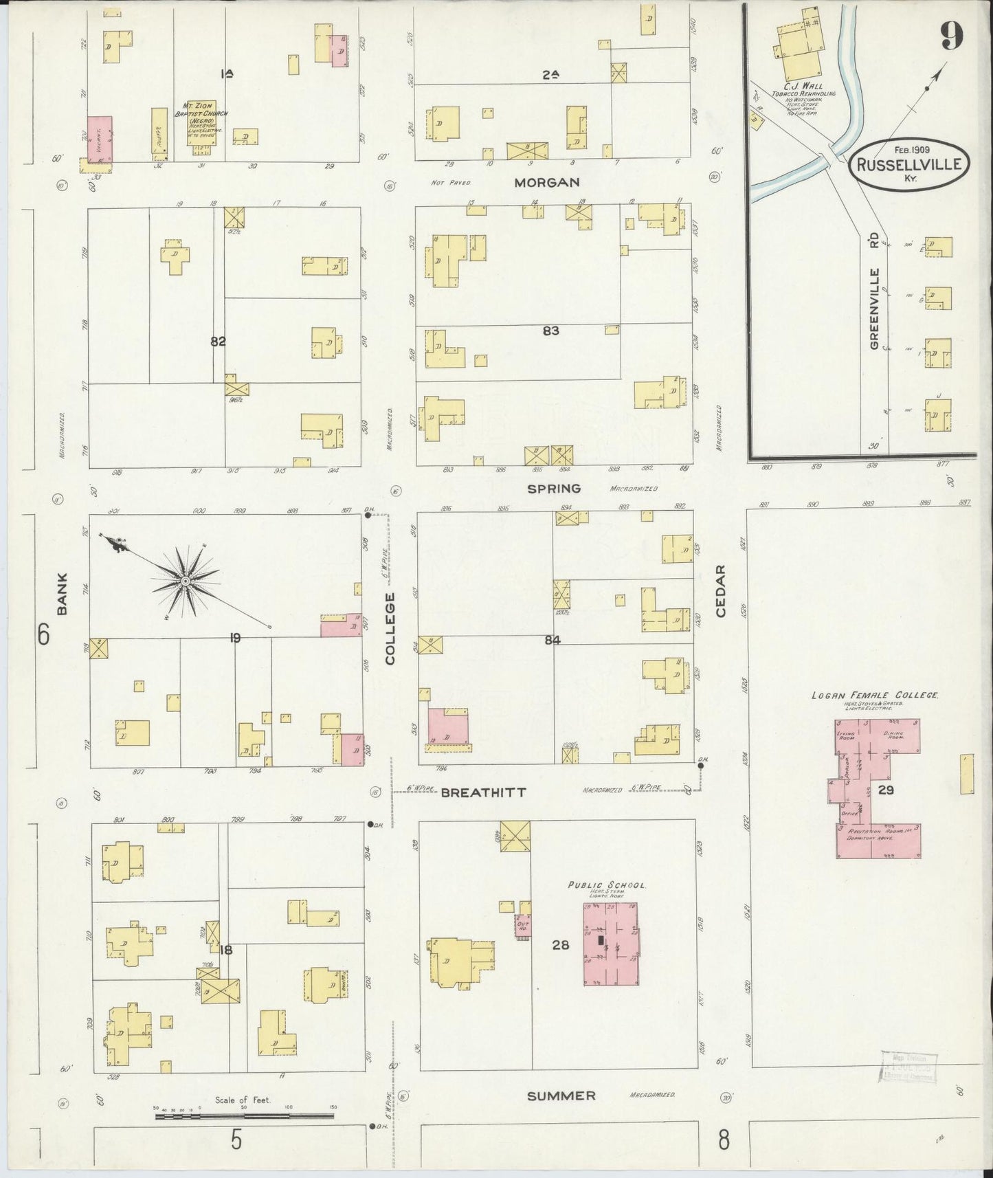 Sanborn Fire Insurance Map from Russellville, Logan County, Kentucky (1909), Sheet #0009 - Complete Map Set gallery image, historic Sanborn map, vintage wall art, Kentucky Kentucky