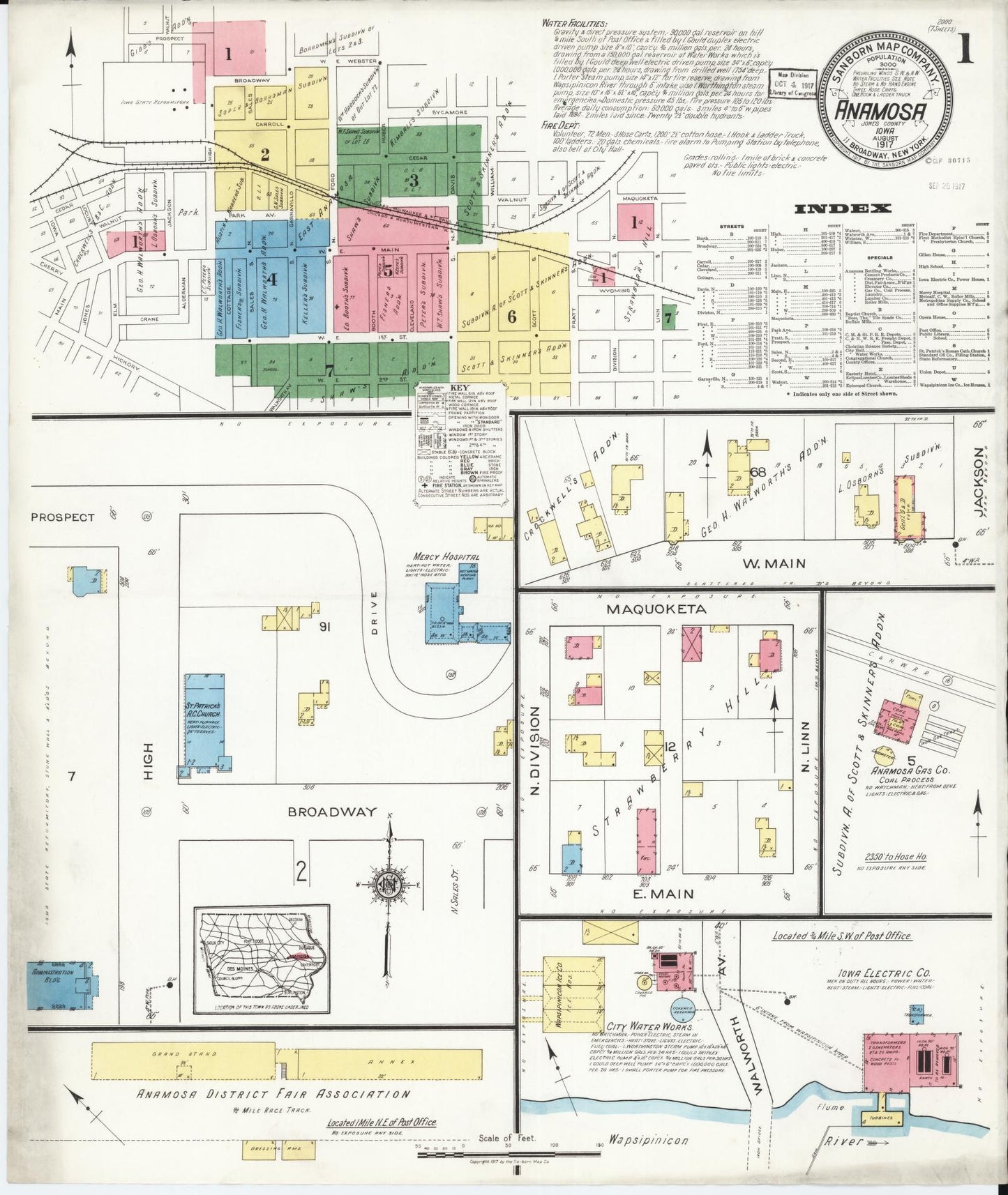 Sanborn Fire Insurance Map from Anamosa, Jones County, Iowa (1917), Sheet #0001 - Historic Sanborn Fire Insurance Map Print, vintage old map wall art