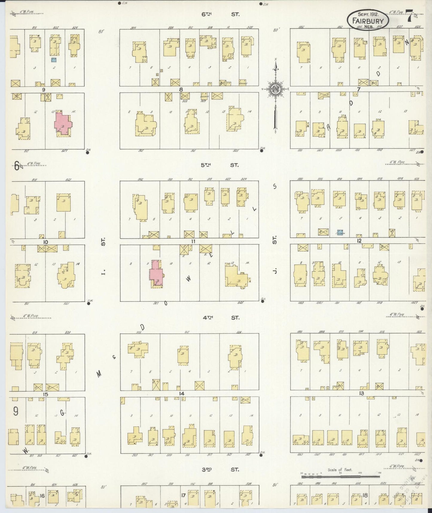 Sanborn Fire Insurance Map from Fairbury, Jefferson County, Nebraska (1912), Sheet #0007 - Historic Sanborn Fire Insurance Map Print, vintage old map wall art, antique decor, genealogy gift, Nebraska Nebraska map