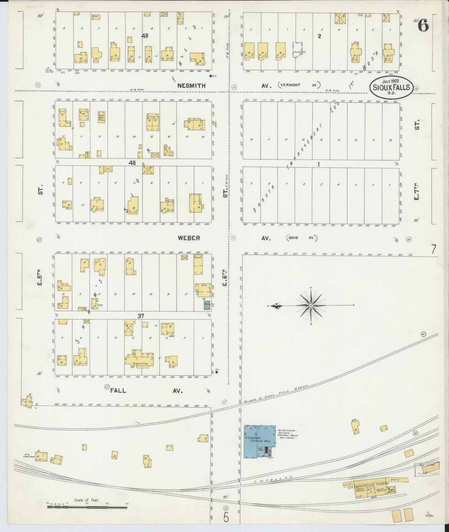 Sanborn Fire Insurance Map from Sioux Falls, Minnehaha County, South Dakota (1902), Sheet #0006 - Historic Sanborn Fire Insurance Map Print, vintage old map wall art, antique decor, genealogy gift, South Dakota South Dakota map