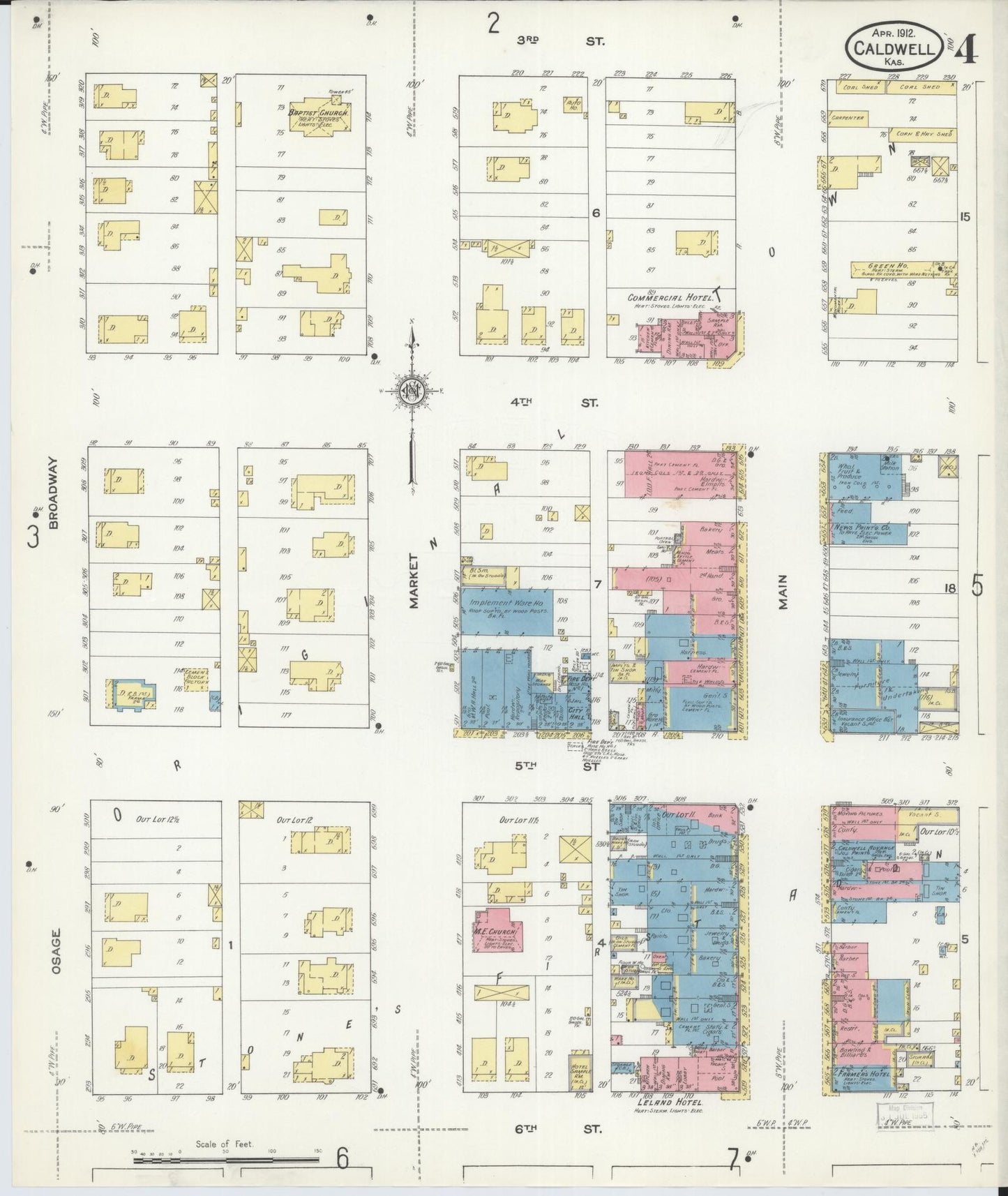 Sanborn Fire Insurance Map from Caldwell, Sumner County, Kansas (1912), Sheet #0004 - Historic Sanborn Fire Insurance Map Print, vintage old map wall art, antique decor, genealogy gift, Kansas Kansas map