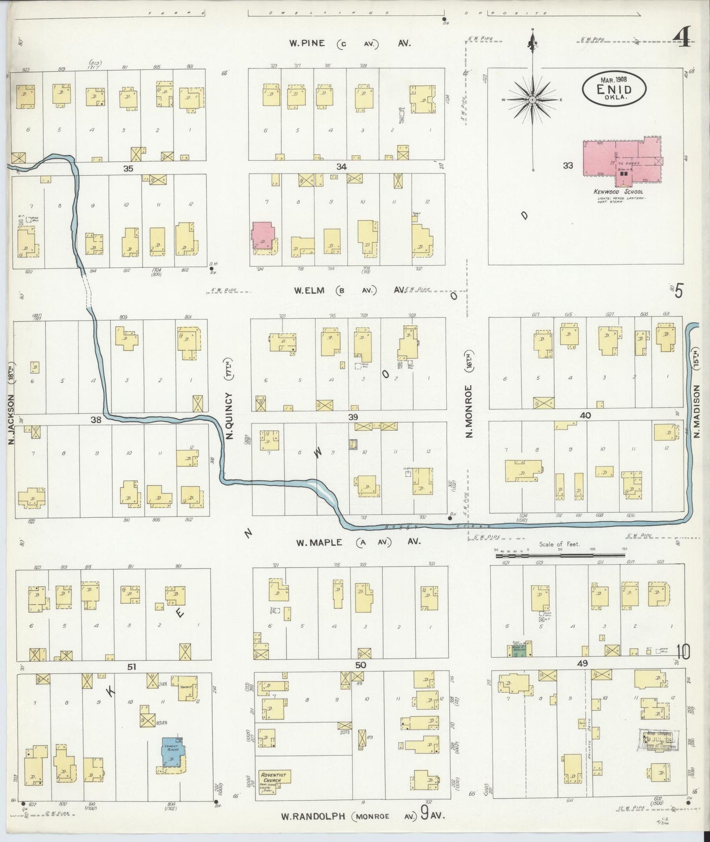 Sanborn Fire Insurance Map from Enid, Garfield County, Oklahoma (1908), Sheet #0004 - Historic Sanborn Fire Insurance Map Print, vintage old map wall art, antique decor, genealogy gift, Oklahoma Oklahoma map