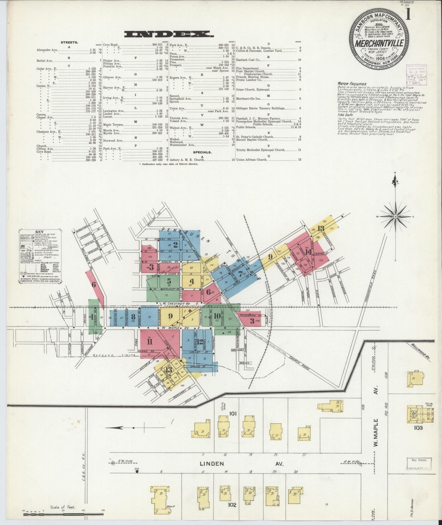 Sanborn Fire Insurance Map from Merchantville, Camden County, New Jersey. (1908) – Historic Sanborn Fire Insurance Map Print