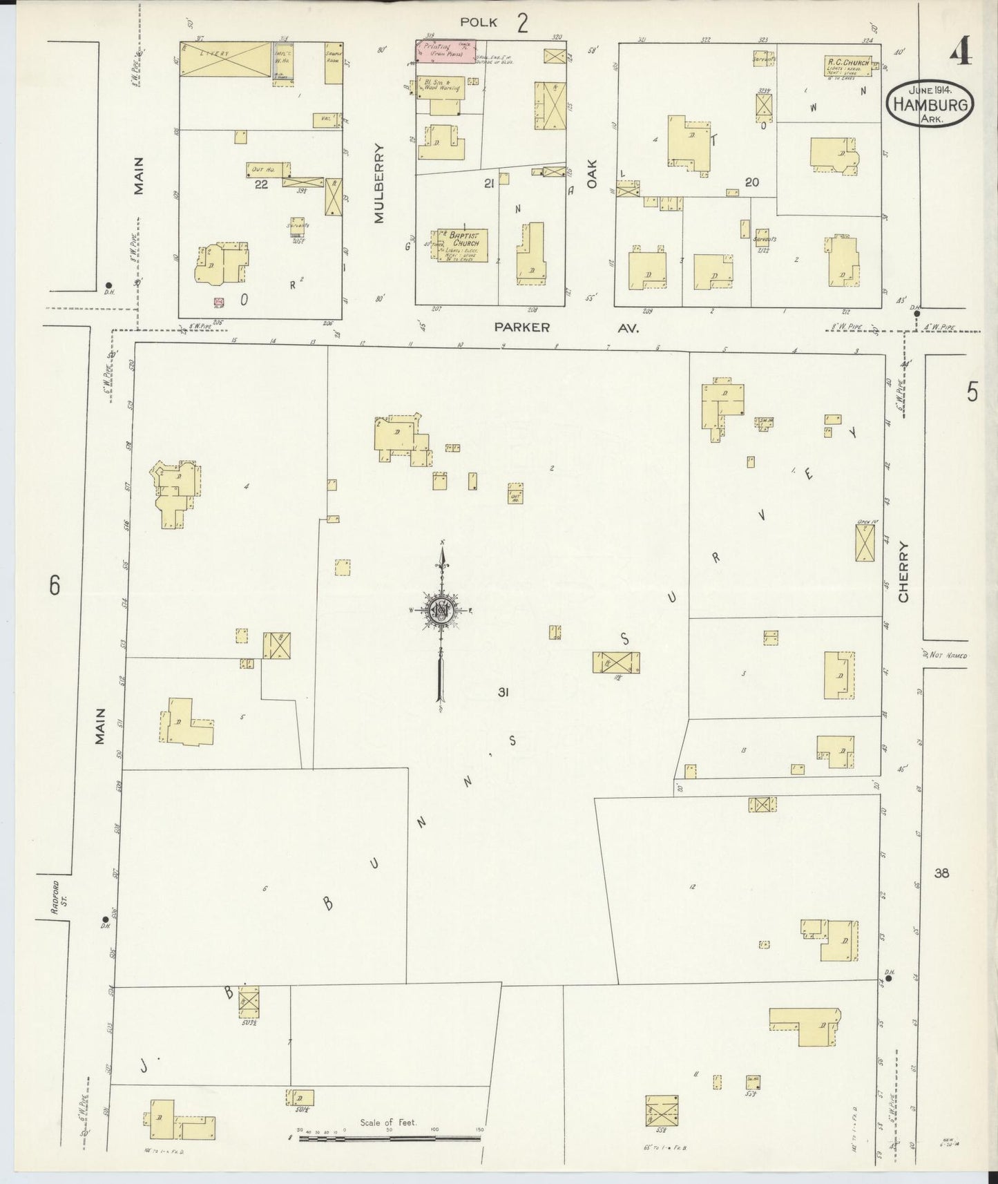 Sanborn Fire Insurance Map from Hamburg, Ashley County, Arkansas (1914), Sheet #0004 - Historic Sanborn Fire Insurance Map Print, vintage old map wall art, antique decor, genealogy gift, Arkansas Arkansas map