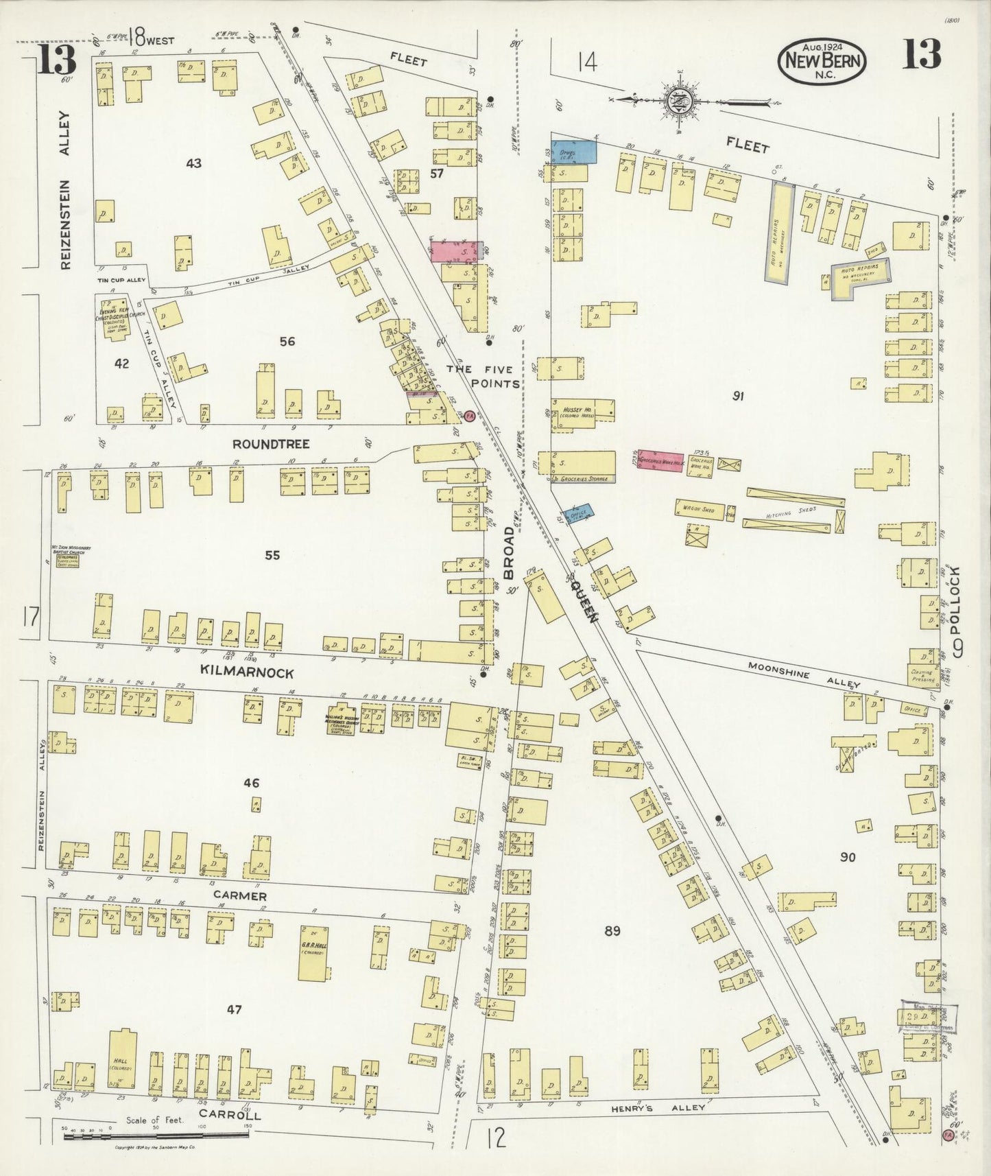 Sanborn Fire Insurance Map from New Bern, Craven County, North Carolina (1924), Sheet #0013 - Historic Sanborn Fire Insurance Map Print, vintage old map wall art, antique decor, genealogy gift, North Carolina North Carolina map