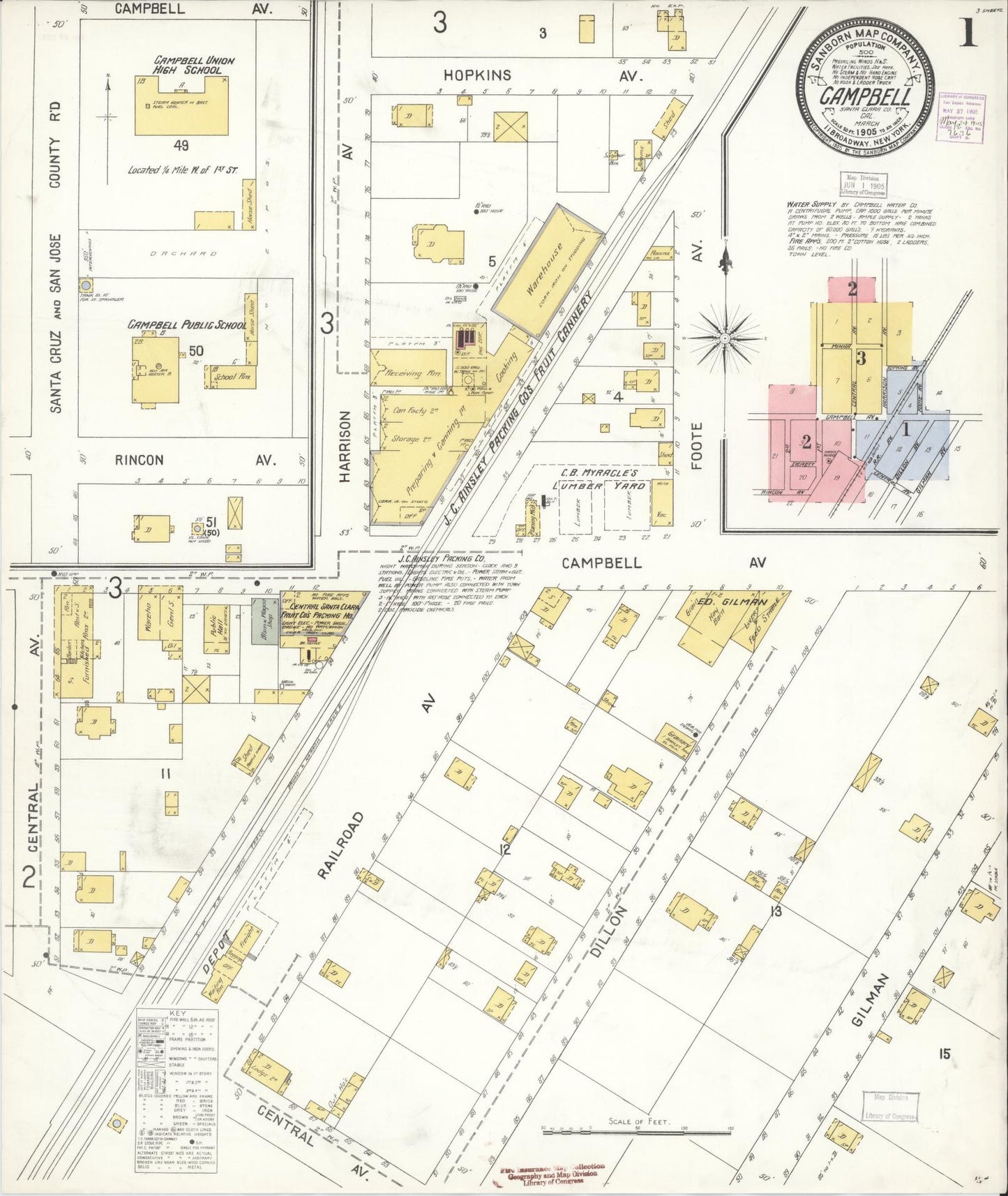 Sanborn Fire Insurance Map from Campbell, Santa Clara County, California (1905), Sheet #0001 - Historic Sanborn Fire Insurance Map Print, vintage old map wall art, antique decor, genealogy gift, California California map
