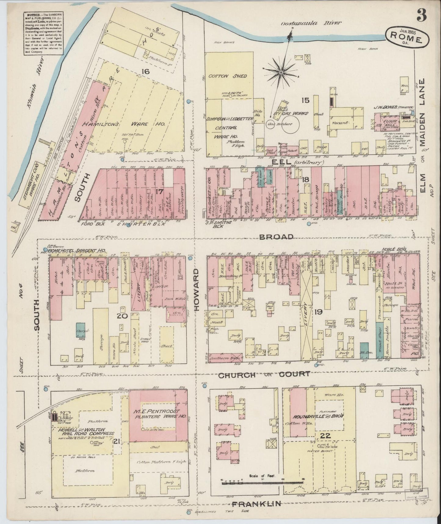 Sanborn Fire Insurance Map from Rome, Floyd County, Georgia (1885), Sheet #0003 - Historic Sanborn Fire Insurance Map Print, vintage old map wall art, antique decor, genealogy gift, Georgia Georgia map