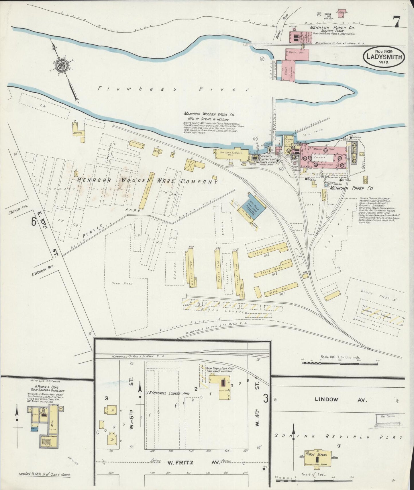 Sanborn Fire Insurance Map from Ladysmith, Rusk County, Wisconsin (1909), Sheet #0007 - Complete Map Set gallery image, historic Sanborn map, vintage wall art, Wisconsin Wisconsin