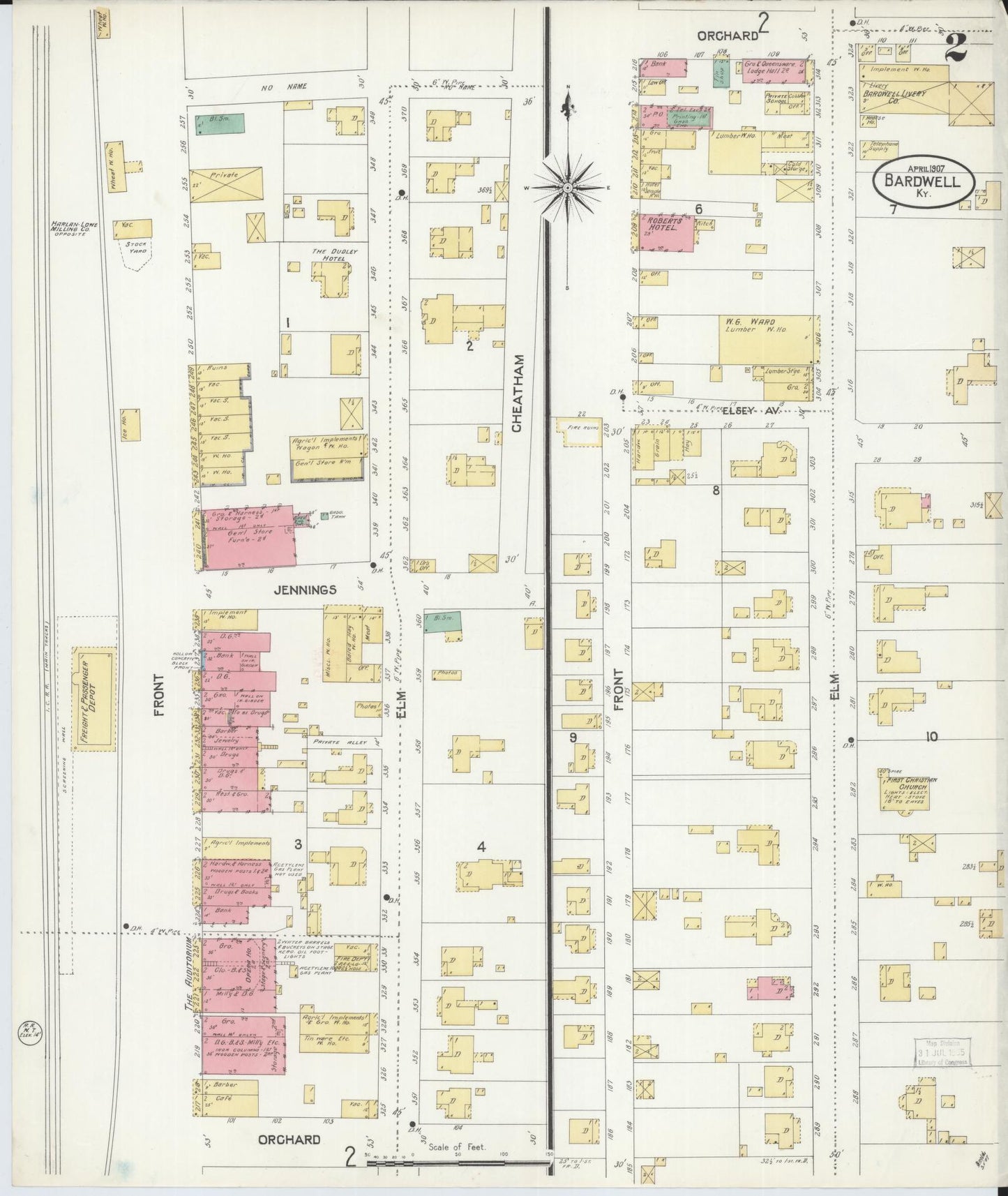 Sanborn Fire Insurance Map from Bardwell, Carlisle County, Kentucky (1907), Sheet #0002 - Historic Sanborn Fire Insurance Map Print, vintage old map wall art, antique decor, genealogy gift, Kentucky Kentucky map
