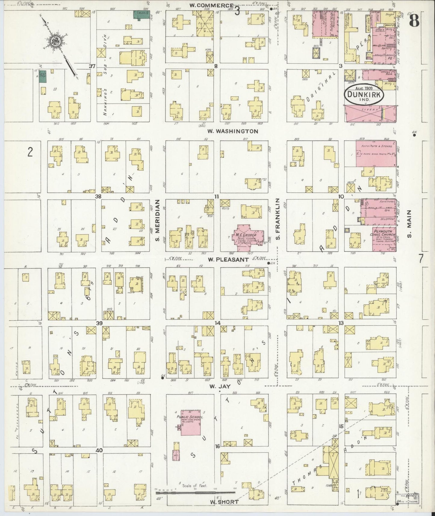 Sanborn Fire Insurance Map from Dunkirk, Jay And Blackford Counties, Indiana (1909), Sheet #0008 - Complete Map Set gallery image, historic Sanborn map, vintage wall art, Indiana Indiana