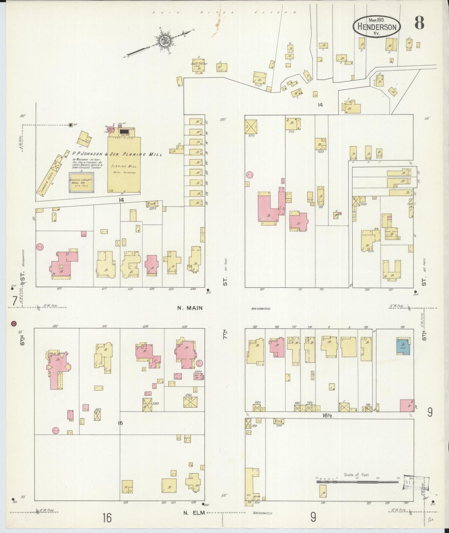 Sanborn Fire Insurance Map from Henderson, Henderson County, Kentucky (1913), Sheet #0008 - Historic Sanborn Fire Insurance Map Print, vintage old map wall art, antique decor, genealogy gift, Kentucky Kentucky map