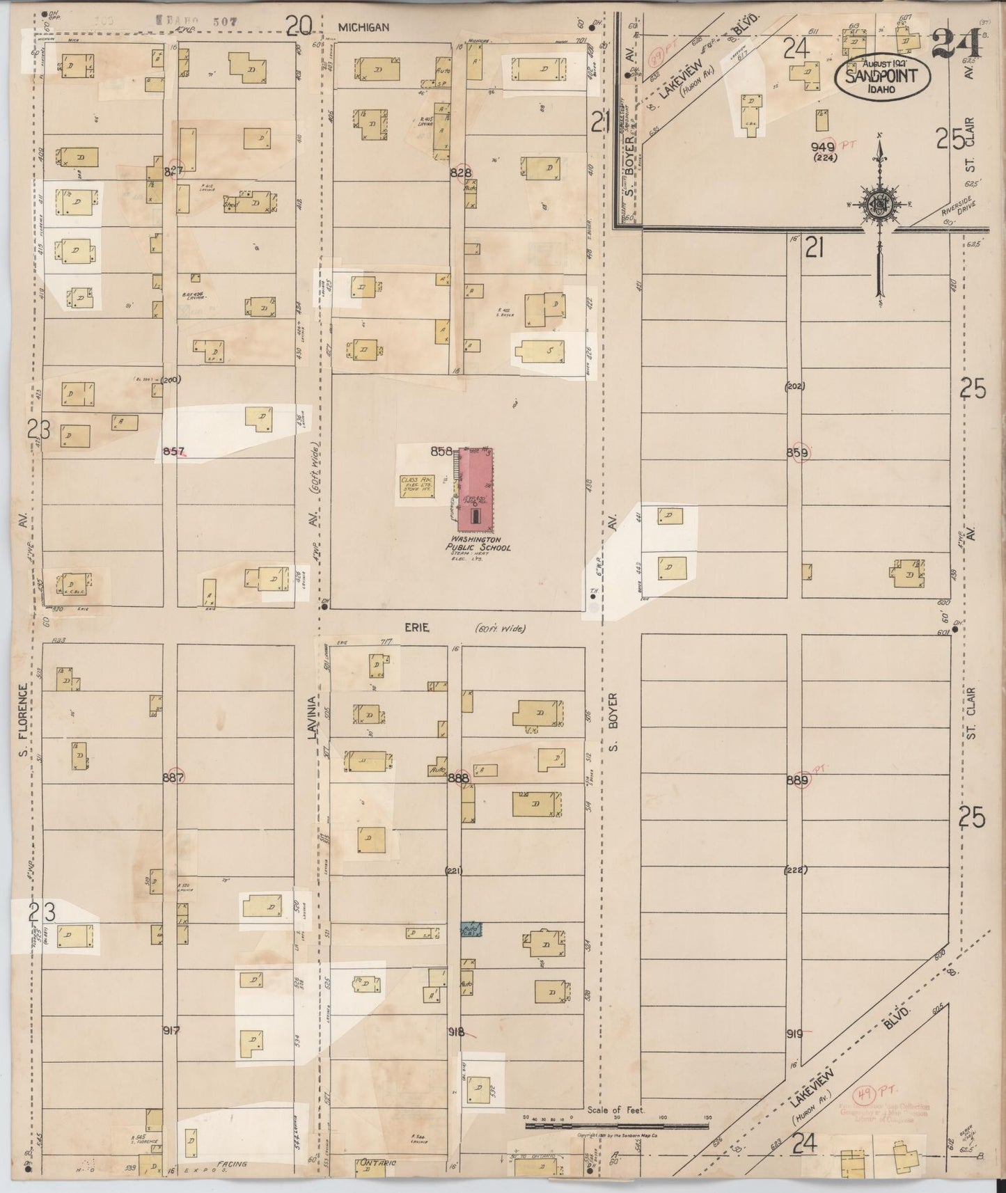 Sanborn Fire Insurance Map from Sandpoint, Bonner County, Idaho (1948), Sheet #0024 - Historic Sanborn Fire Insurance Map Print, vintage old map wall art, antique decor, genealogy gift, Idaho Idaho map