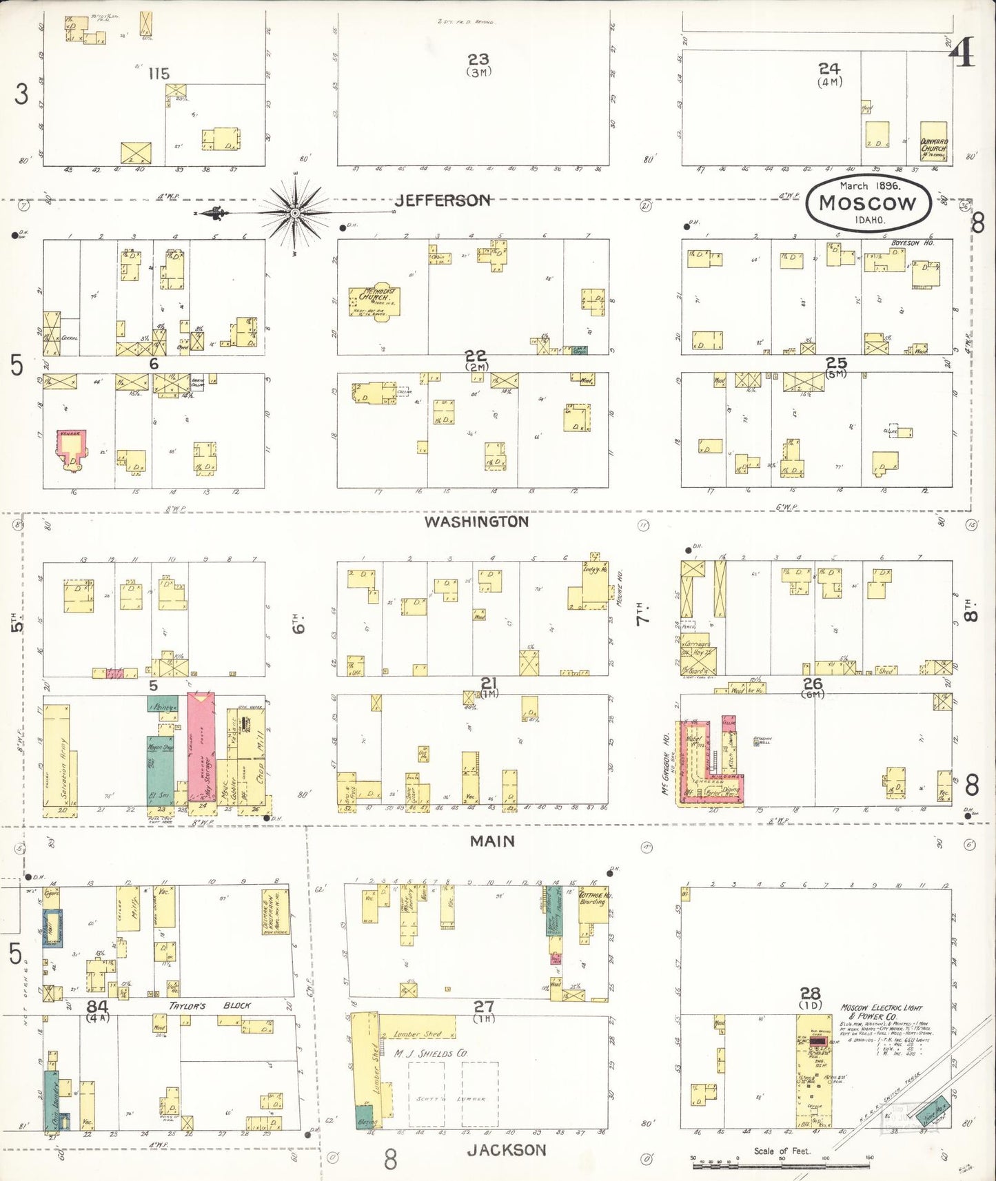 Sanborn Fire Insurance Map from Moscow, Latah County, Idaho (1896), Sheet #0004 - Historic Sanborn Fire Insurance Map Print, vintage old map wall art, antique decor, genealogy gift, Idaho Idaho map