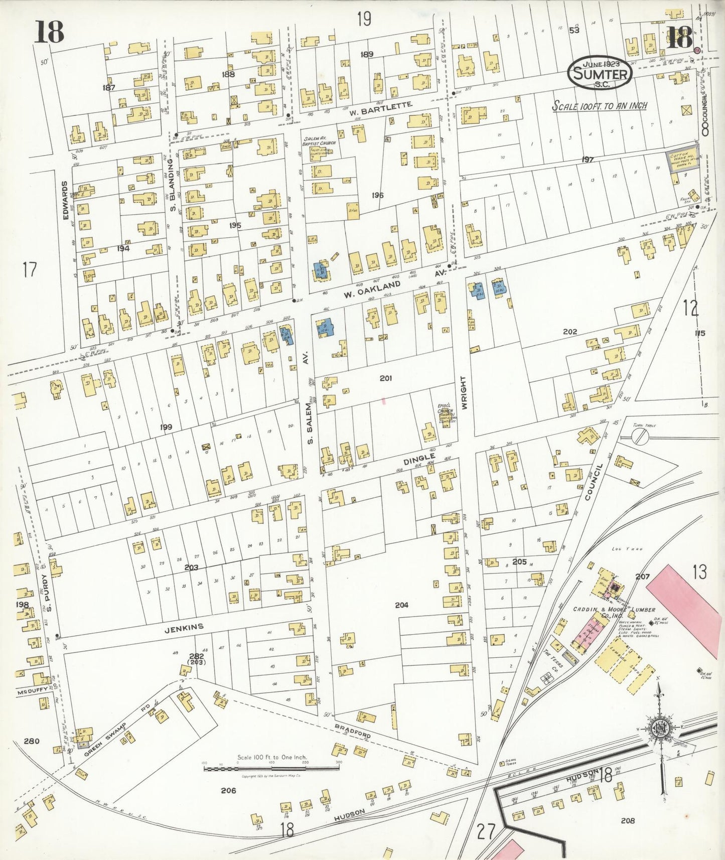 Sanborn Fire Insurance Map from Sumter, Sumter County, South Carolina (1923), Sheet #0018 - Historic Sanborn Fire Insurance Map Print, vintage old map wall art, antique decor, genealogy gift, South Carolina South Carolina map